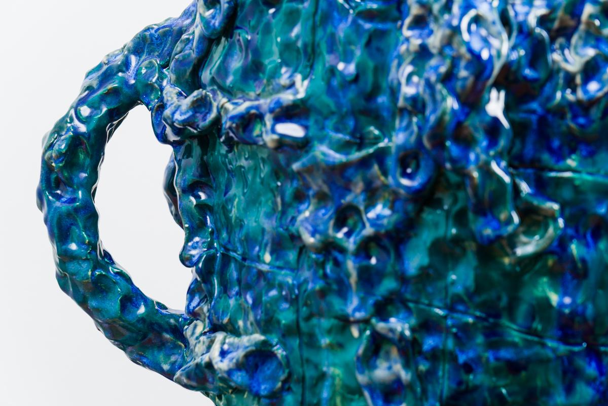 Large-scale Hand-Built Glazed Ceramic Sculpture, entitled 'Cup & Saucer' by Brooklyn-based artist and ceramicist Jaye Kim. This generously oversized cup and saucer is scaled up for maximum impact, and glazed in a glossy mix of exuberant teal and