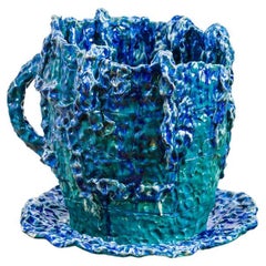 Blue Ceramic Vase, Jaye Kim, Cup and Saucer, Hand Built Sculpture with Glaze