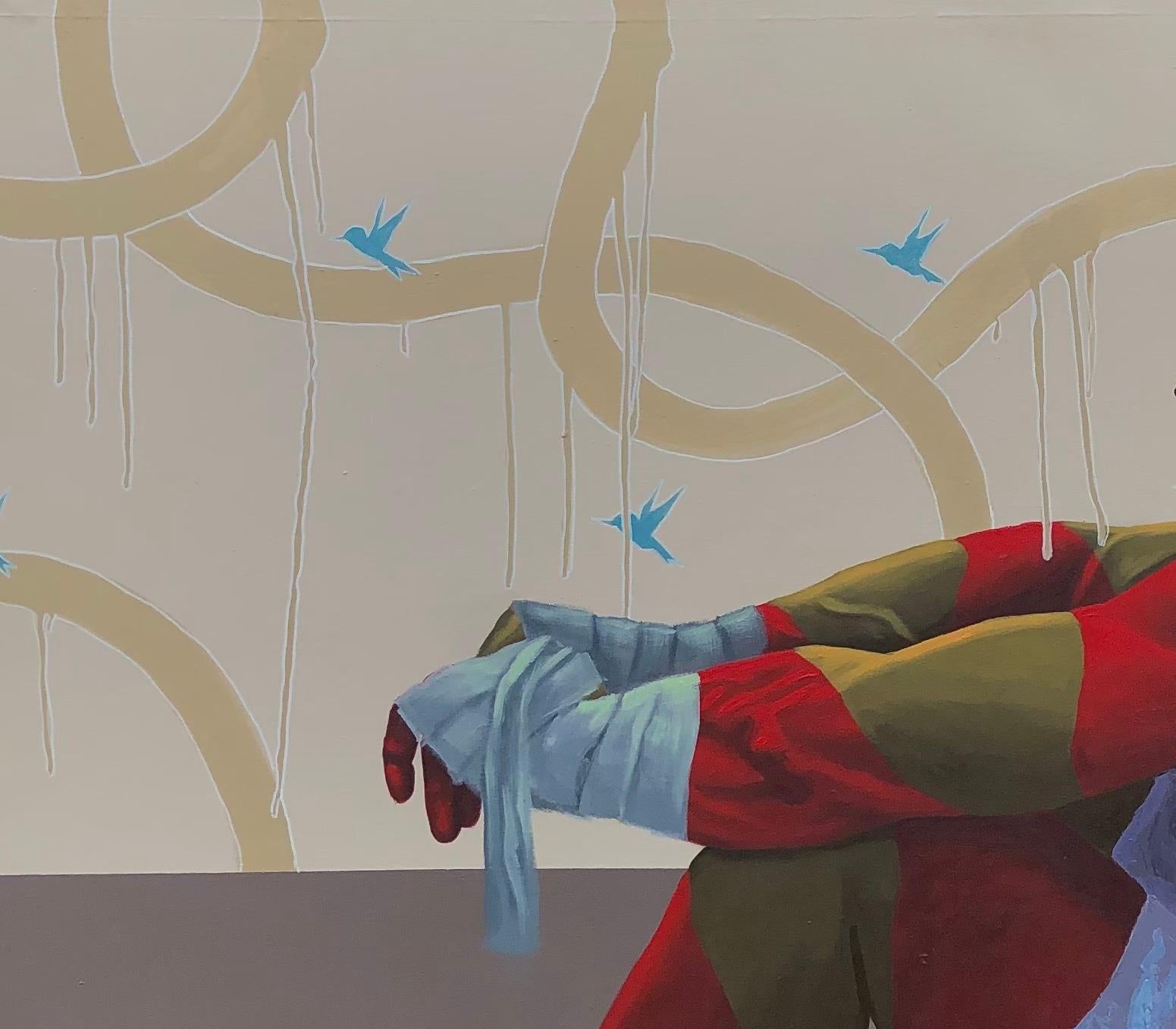 DEAR Dreamer - Zeitgenössisches Gemälde des 21. Jahrhunderts eines jungen Mannes in Rot sitzend – Painting von Jayeola Joshua