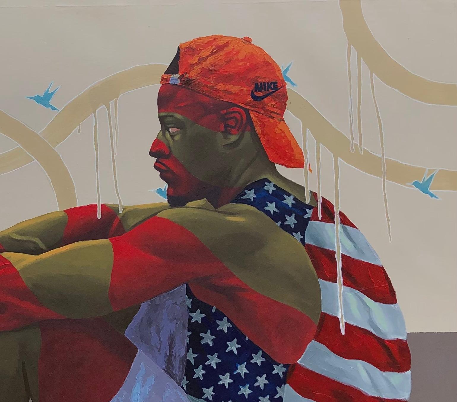 DEAR Dreamer - Zeitgenössisches Gemälde des 21. Jahrhunderts eines jungen Mannes in Rot sitzend (Grau), Portrait Painting, von Jayeola Joshua