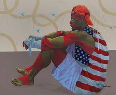 Querido soñador - Pintura contemporánea del siglo XXI de un joven sentado en rojo