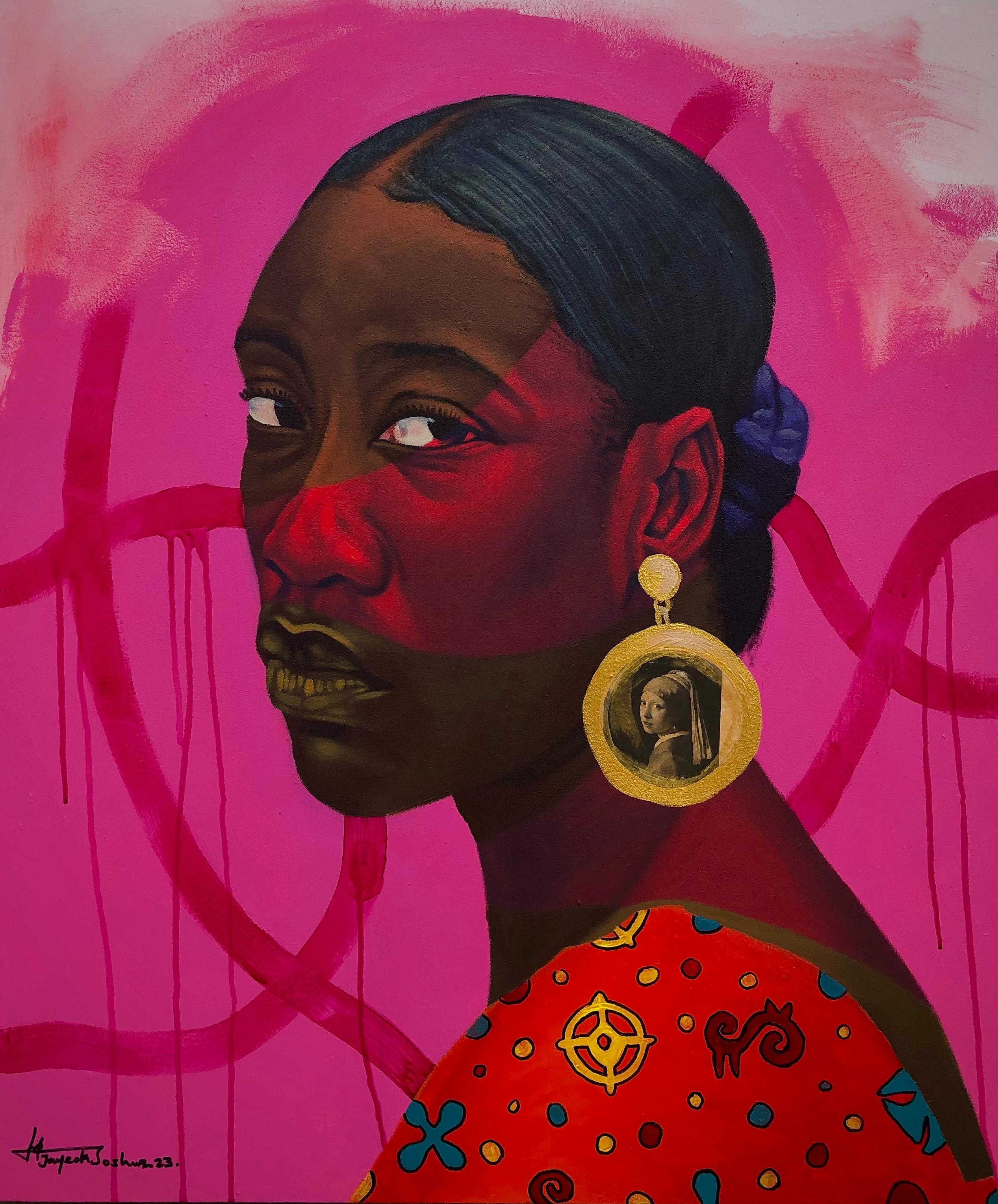 Portrait Painting di Jayeola Joshua - Signora con perla -21° secolo, Contemporaneo, Ritratto figurativo, Donne, Bellezza