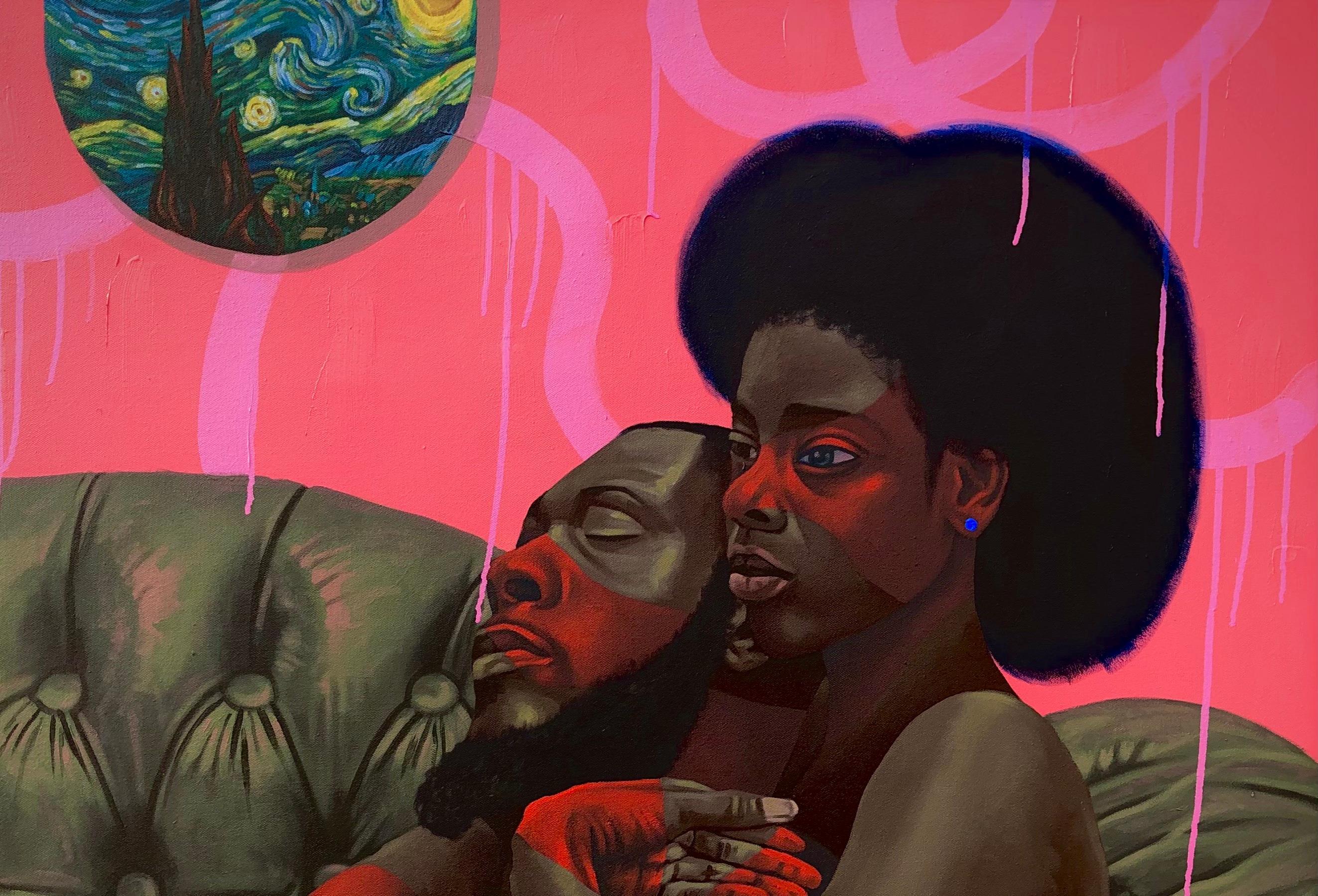Safe Space - Pittura contemporanea del 21° secolo di un uomo e di una donna  Donna innamorata - Painting di Jayeola Joshua