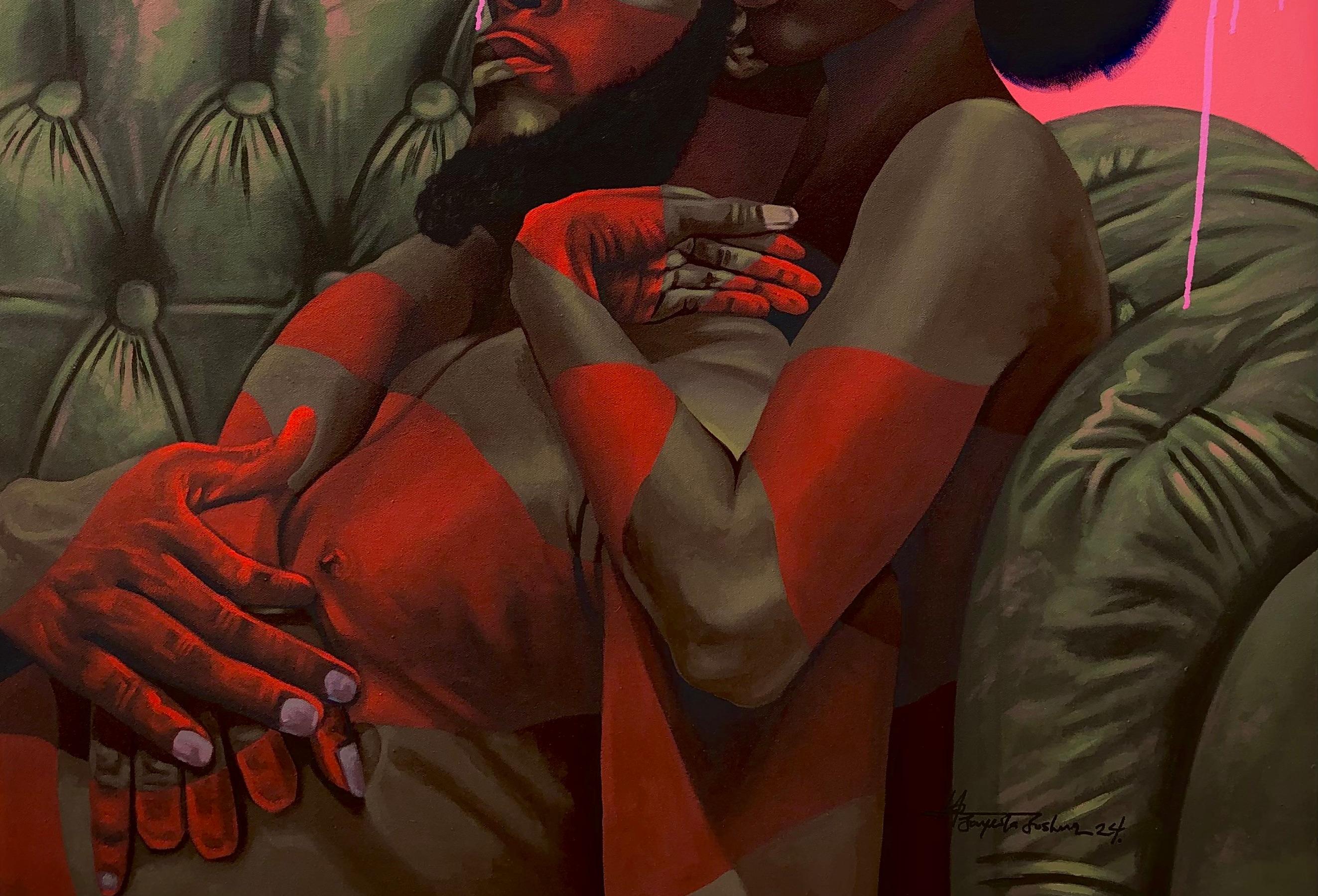Safe Space - Pittura contemporanea del 21° secolo di un uomo e di una donna  Donna innamorata - Painting Contemporaneo di Jayeola Joshua