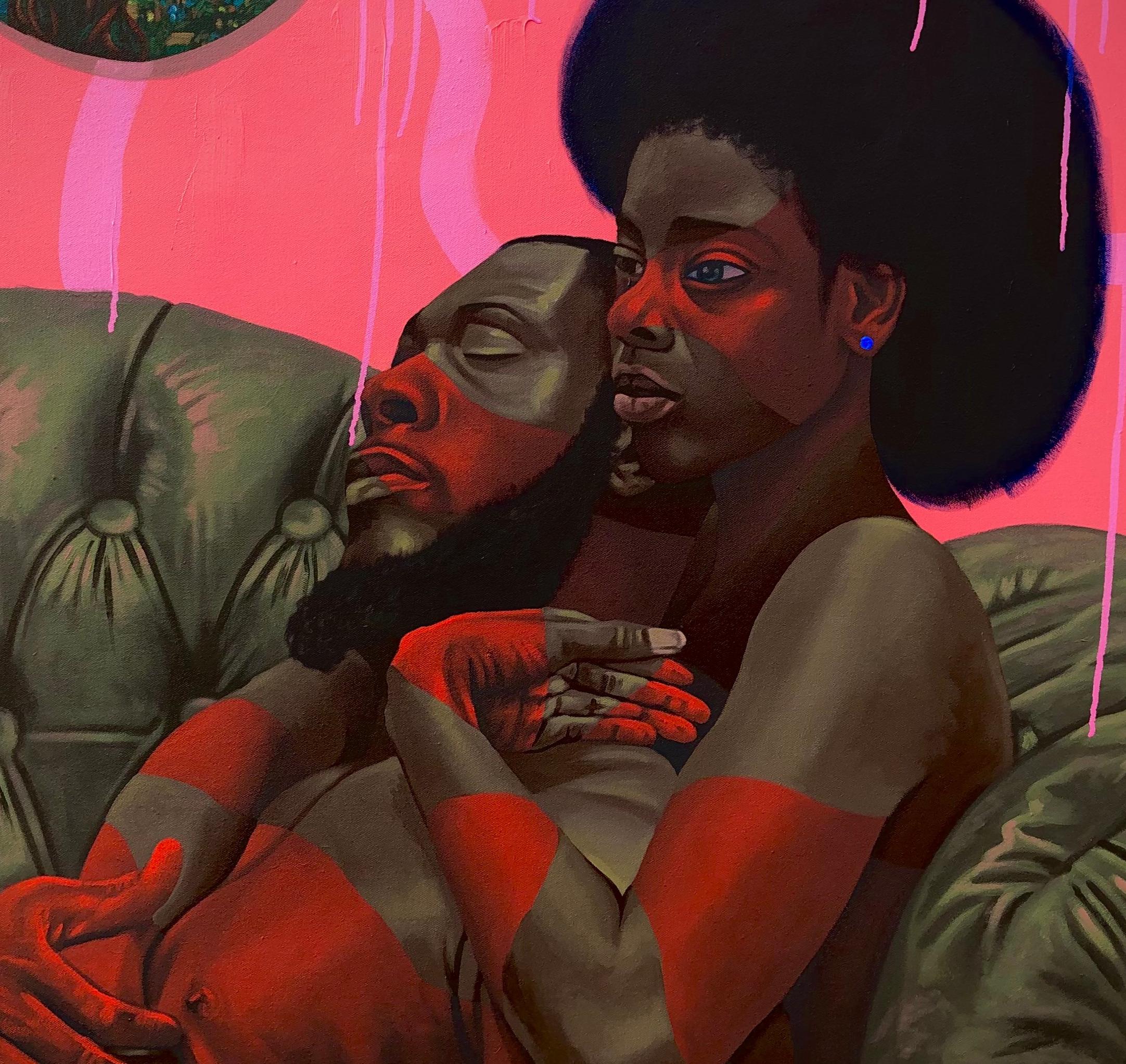 Safe Space - Pittura contemporanea del 21° secolo di un uomo e di una donna  Donna innamorata - Portrait Painting Nero di Jayeola Joshua