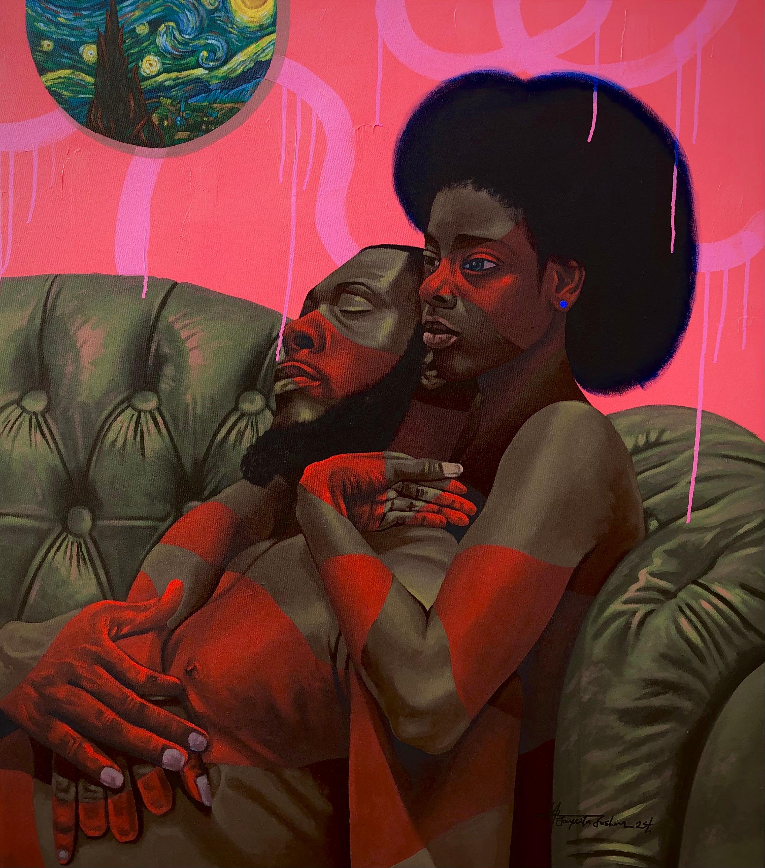 Portrait Painting di Jayeola Joshua - Safe Space - Pittura contemporanea del 21° secolo di un uomo e di una donna  Donna innamorata
