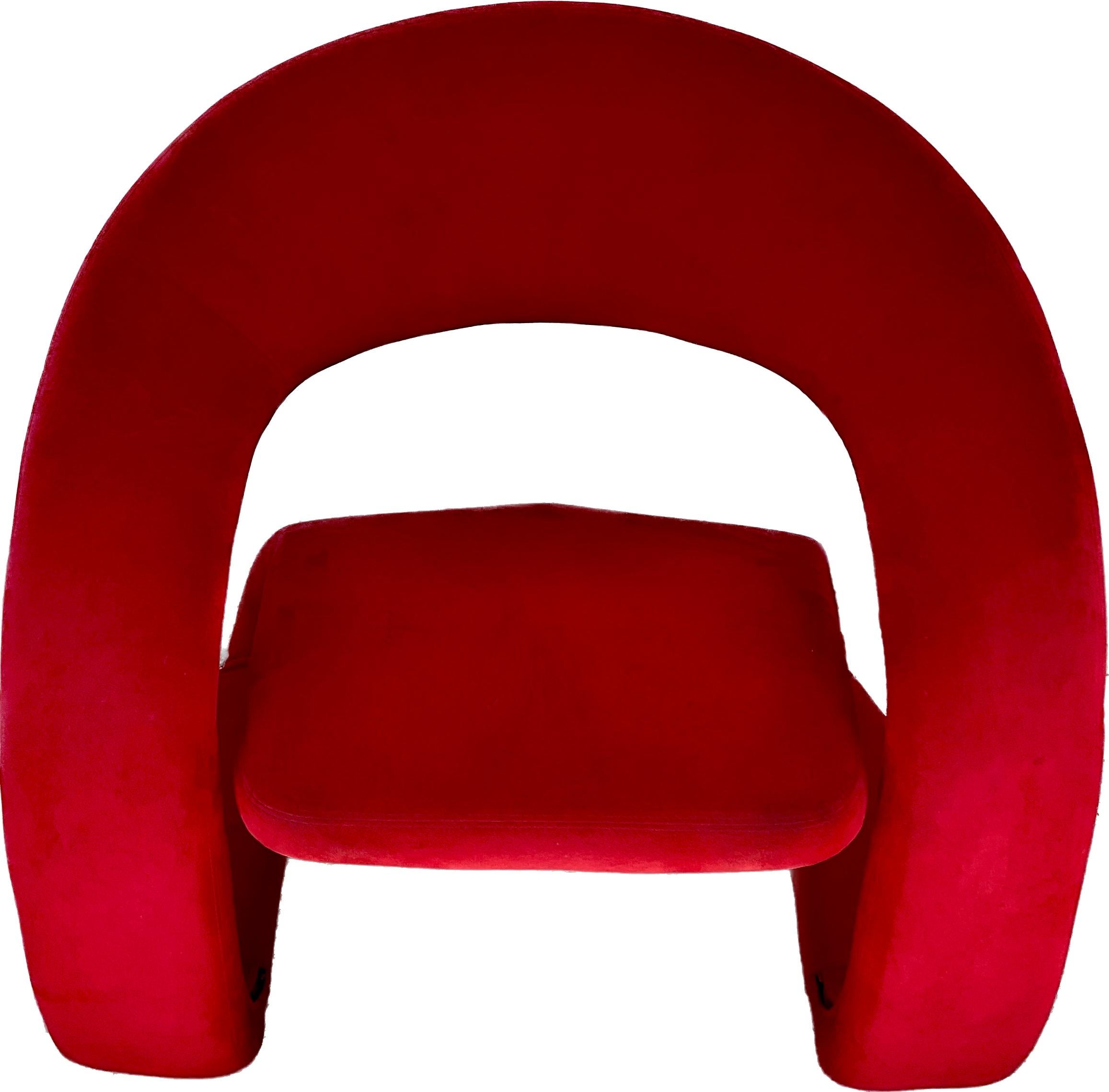 Very cool looking and comfortable lounge chair manufactured by Jaymar. This chair has a unique and curvy sculptural design and is upholstered in the original red colored micro suede upholstery.