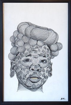 "Opulence II" Contemporary Black and White Pin and Thread Mixed Media Portrait 