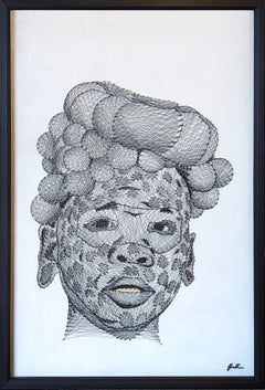 "Opulence II" Portrait contemporain en noir et blanc, avec épingles et fils, en techniques mixtes.