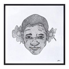 "Opulence III" Contemporary Black and White Pin and Thread Mixed Media Portrait