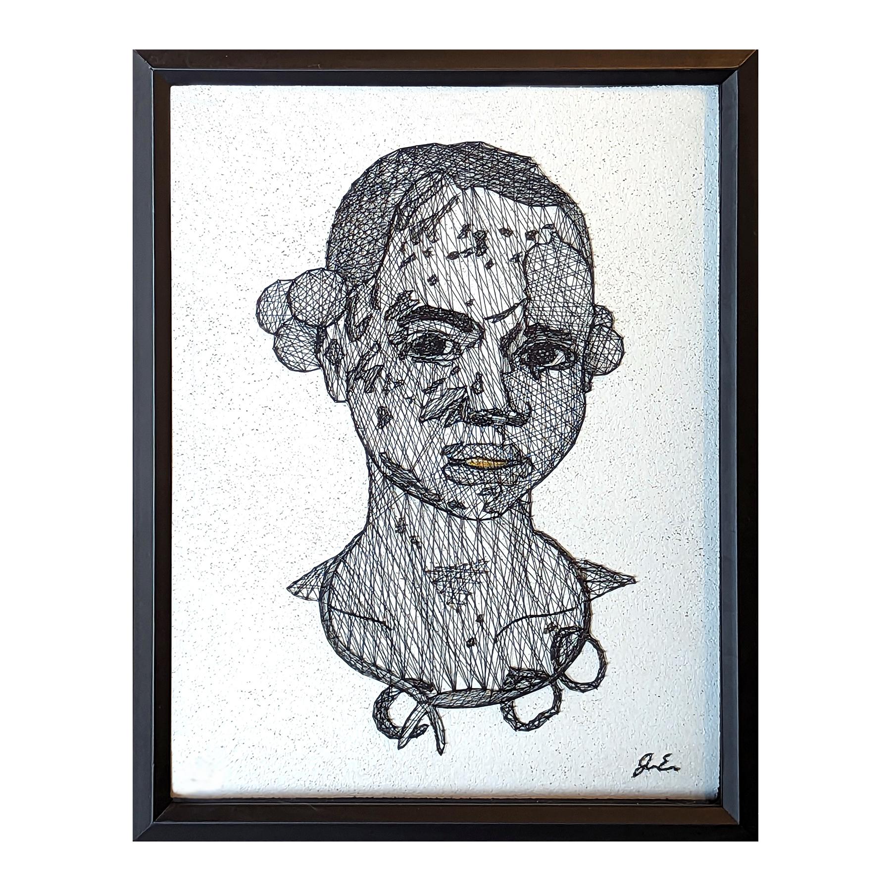 Contemporary black and white mixed media portrait by Houston-based artist Jaymes Earl. The work features an abstract portrait made of strategically placed pins wrapped in embroidery floss. Signed by the artist in the front lower right corner.
