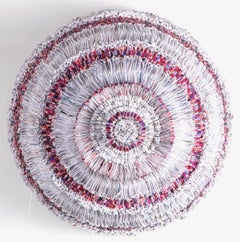 Accumulations #5, upcycled paper circular wall sculpture in pink and white