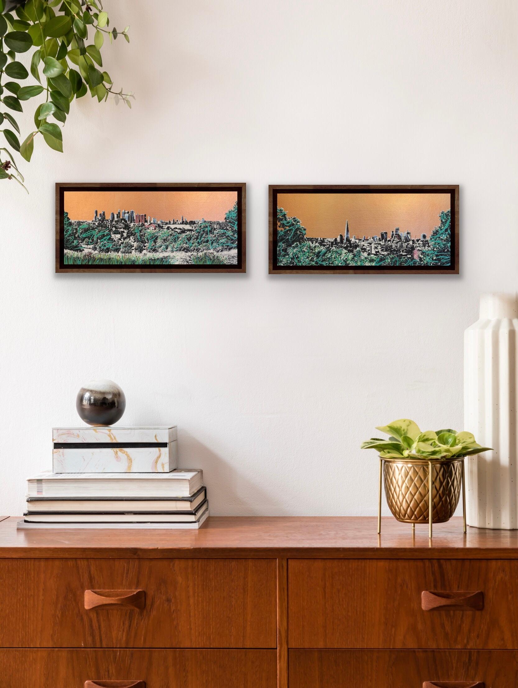 A little Bit of London and A little bit of Canary Wharf diptych - Gold Figurative Print by Jayson Lilley