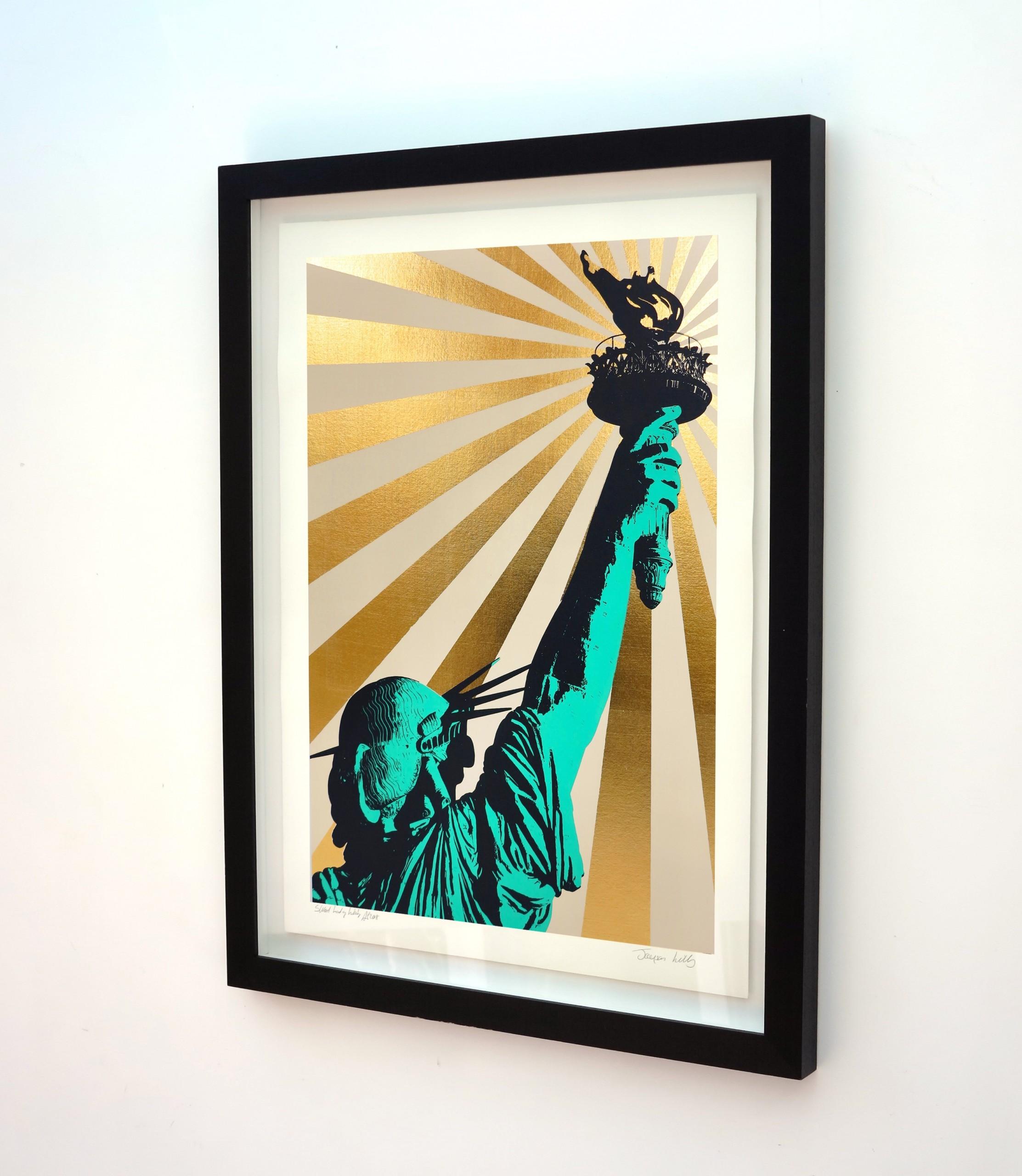 Sweet Land of Liberty, New York Art, Statue of Liberty Artwork, Iconic Art - Beige Landscape Print by Jayson Lilley