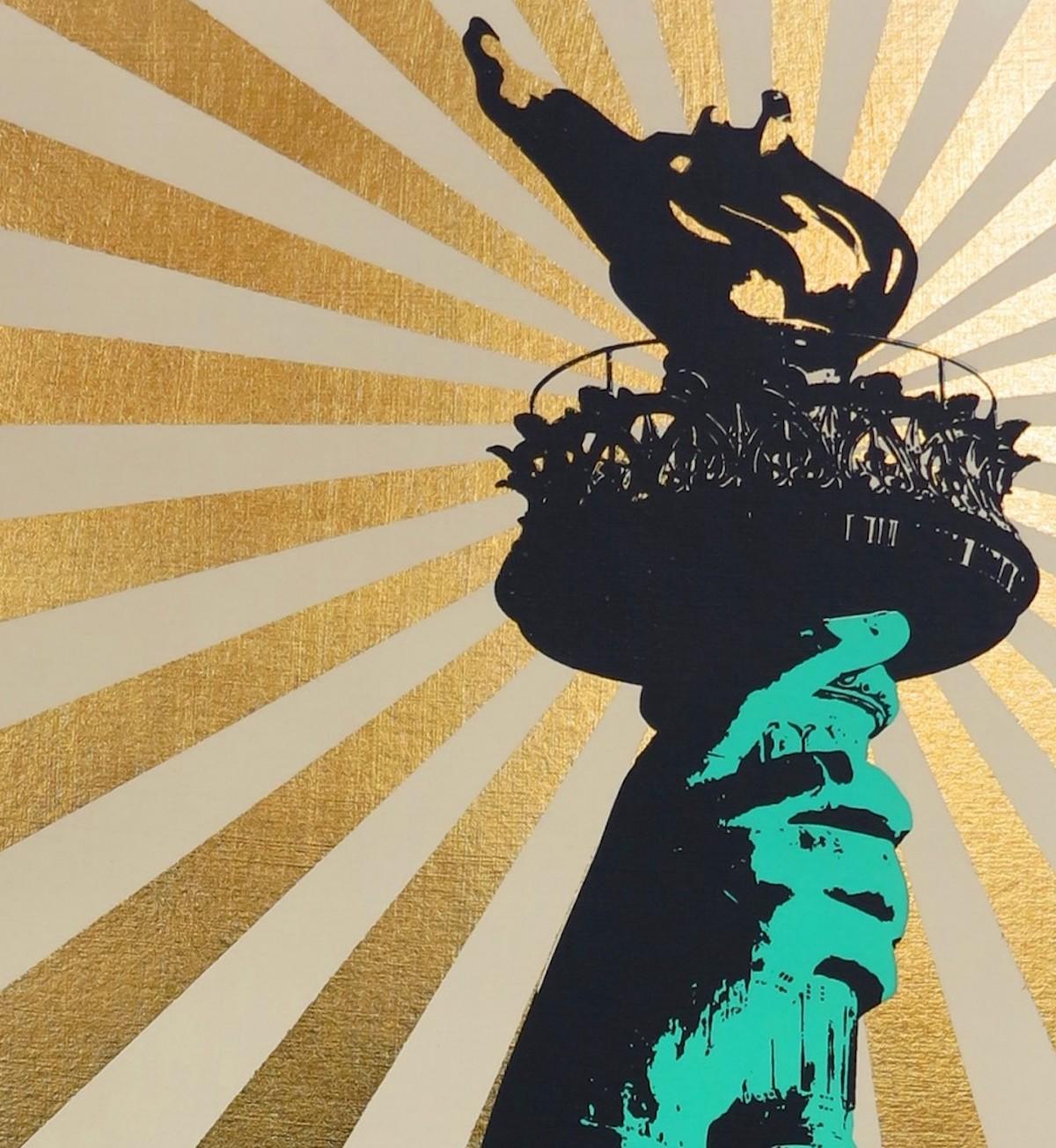 Sweet Land of Liberty is a limited edition screen print on archival museum board with hand-applied gold leaf by Jayson Lilley.
Jayson Lilley is available online and in our gallery at Wychwood Art. Contemporary artist, Jayson Lilley, has worked at