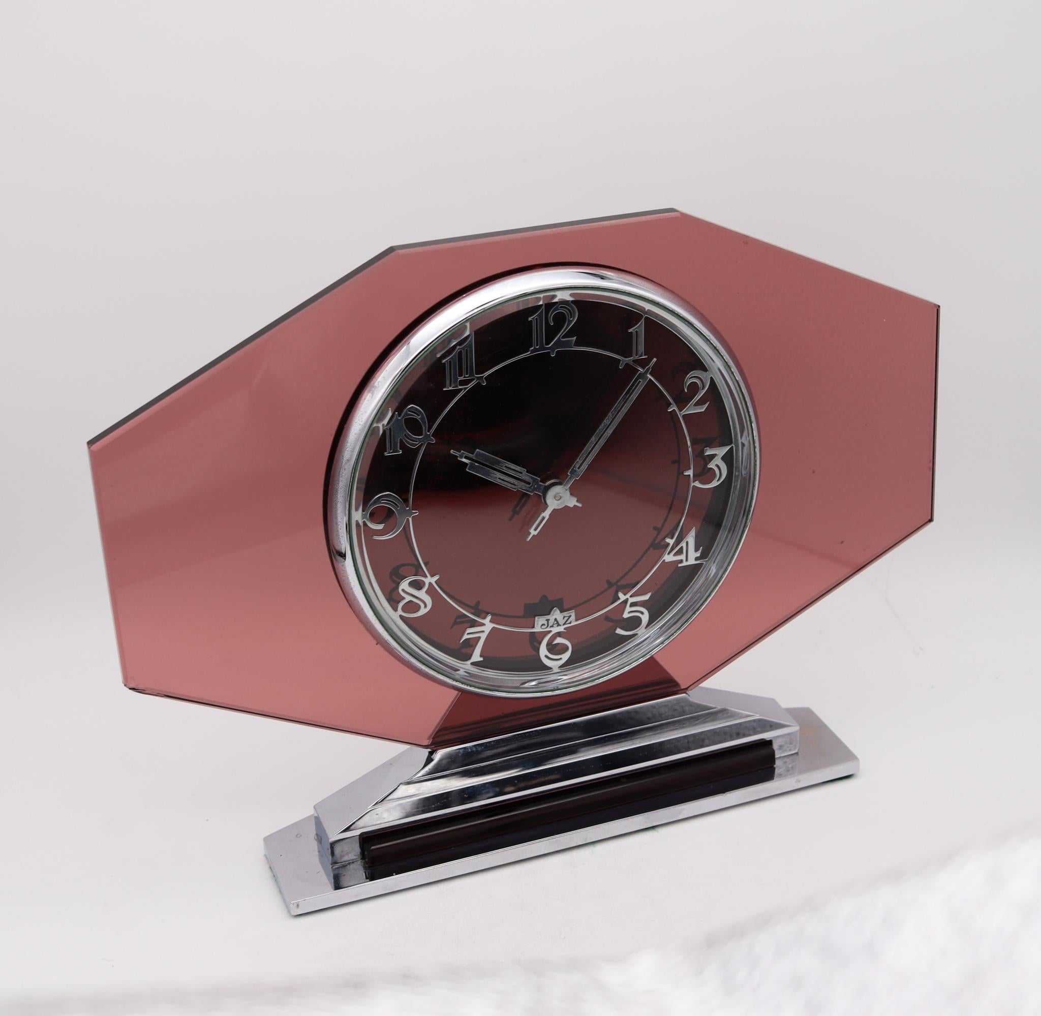 Art déco Horloge de bureau géométrique en verre Jaz Paris 1930 Art Déco 8 jours en acier inoxydable en vente
