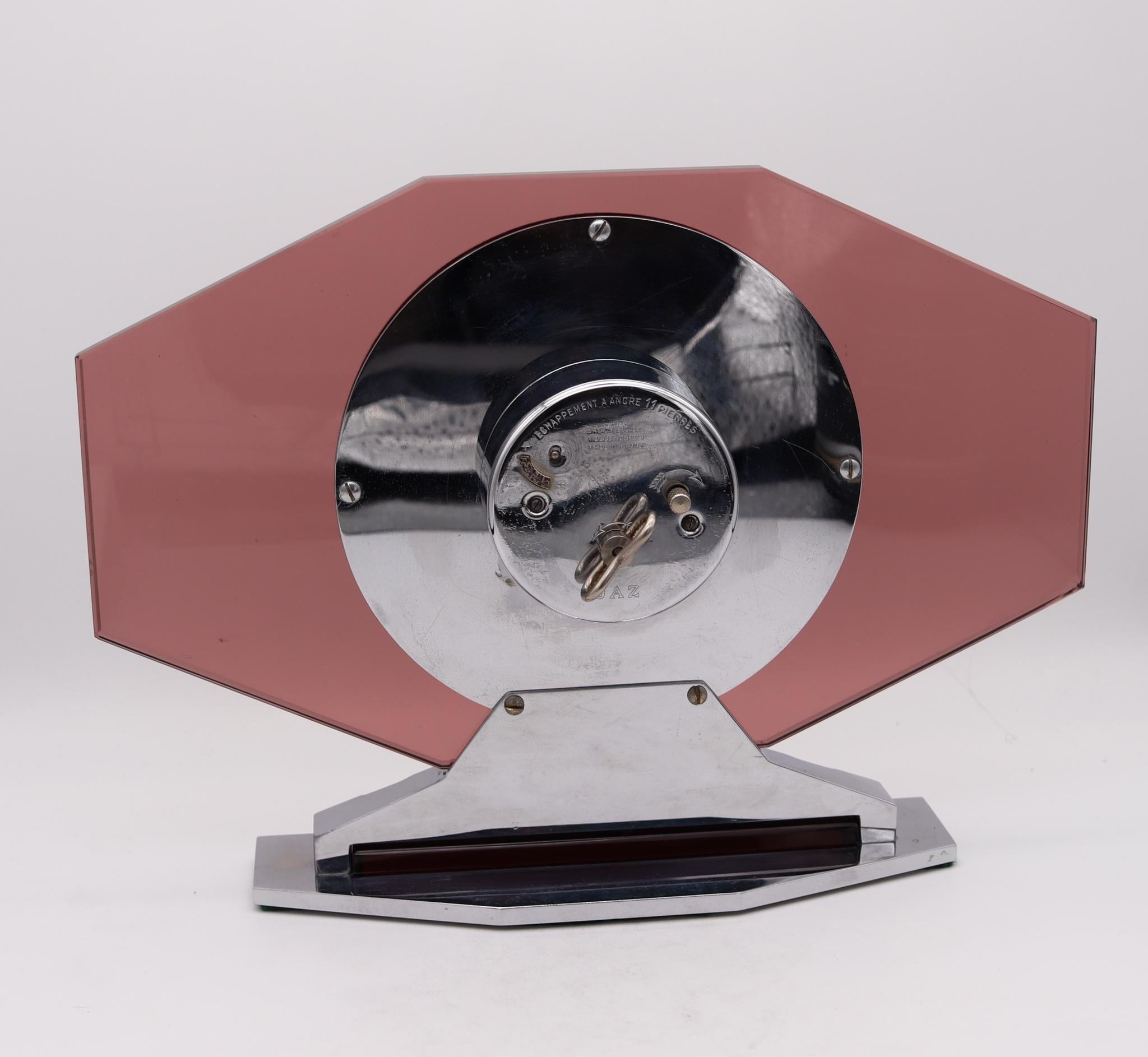 French JAZ Paris 1930 Art Deco Geometric 8 Days Glass Desk Clock in Stainless Steel For Sale