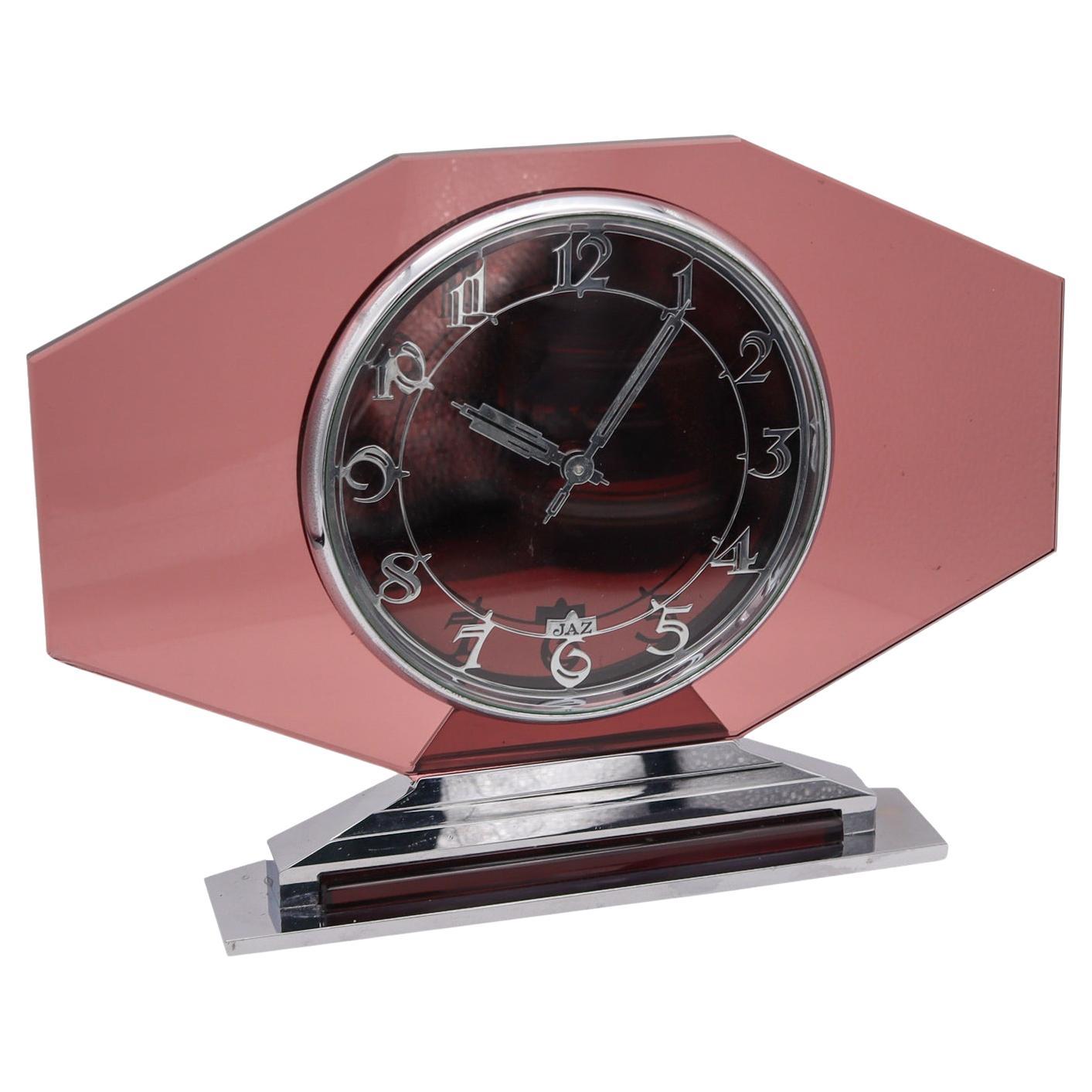 Horloge de bureau géométrique en verre Jaz Paris 1930 Art Déco 8 jours en acier inoxydable en vente