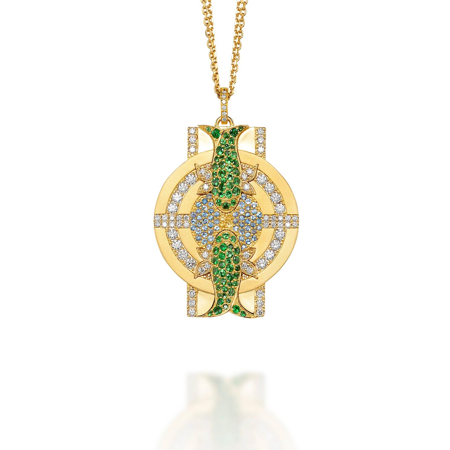 Contemporary Pisces Zodiac Pendant 18k Gold, Diamonds, Sapphires, Aquamarines, Tsavorites For Sale