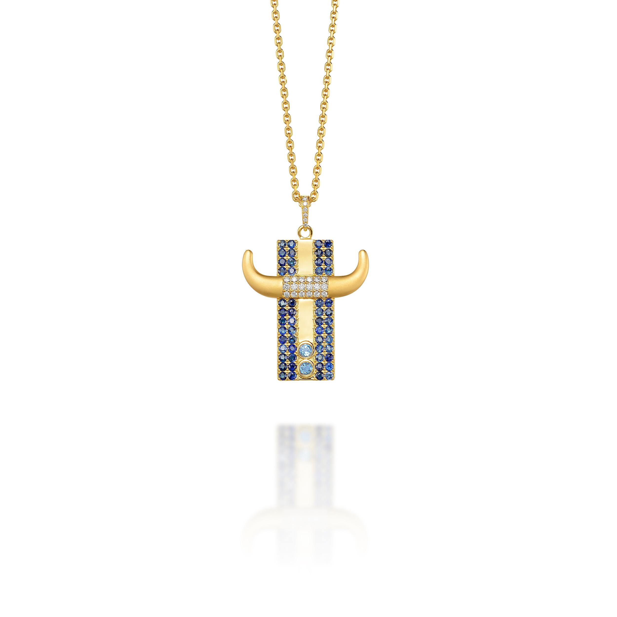 Taurus Pendant - admirably sensual, loyal and tenacious. Delighted by all beauty in a deeper sense. Aquamarines bring liquidity and relaxation to your mind. Blue Sapphires enliven your soul.

Jazychic Zodiac Pendant 18k Gold with 0.35 ct Diamonds