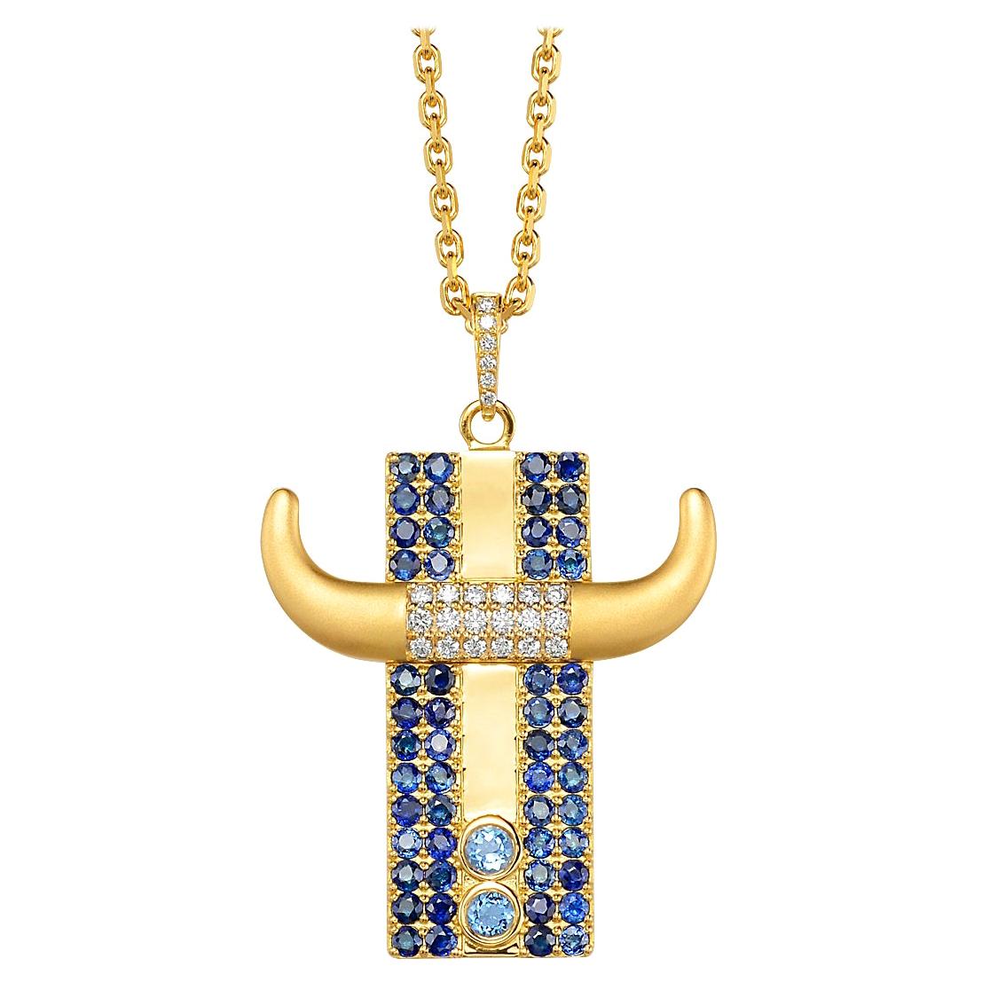 Taurus Zodiac Pendant 18k Yellow Gold 0.35 ct Diamonds 2.34 ct Blue Sapphires For Sale