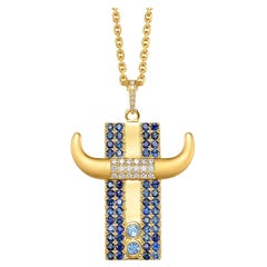 Taurus Zodiac Pendant 18k Yellow Gold 0.35 ct Diamonds 2.34 ct Blue Sapphires