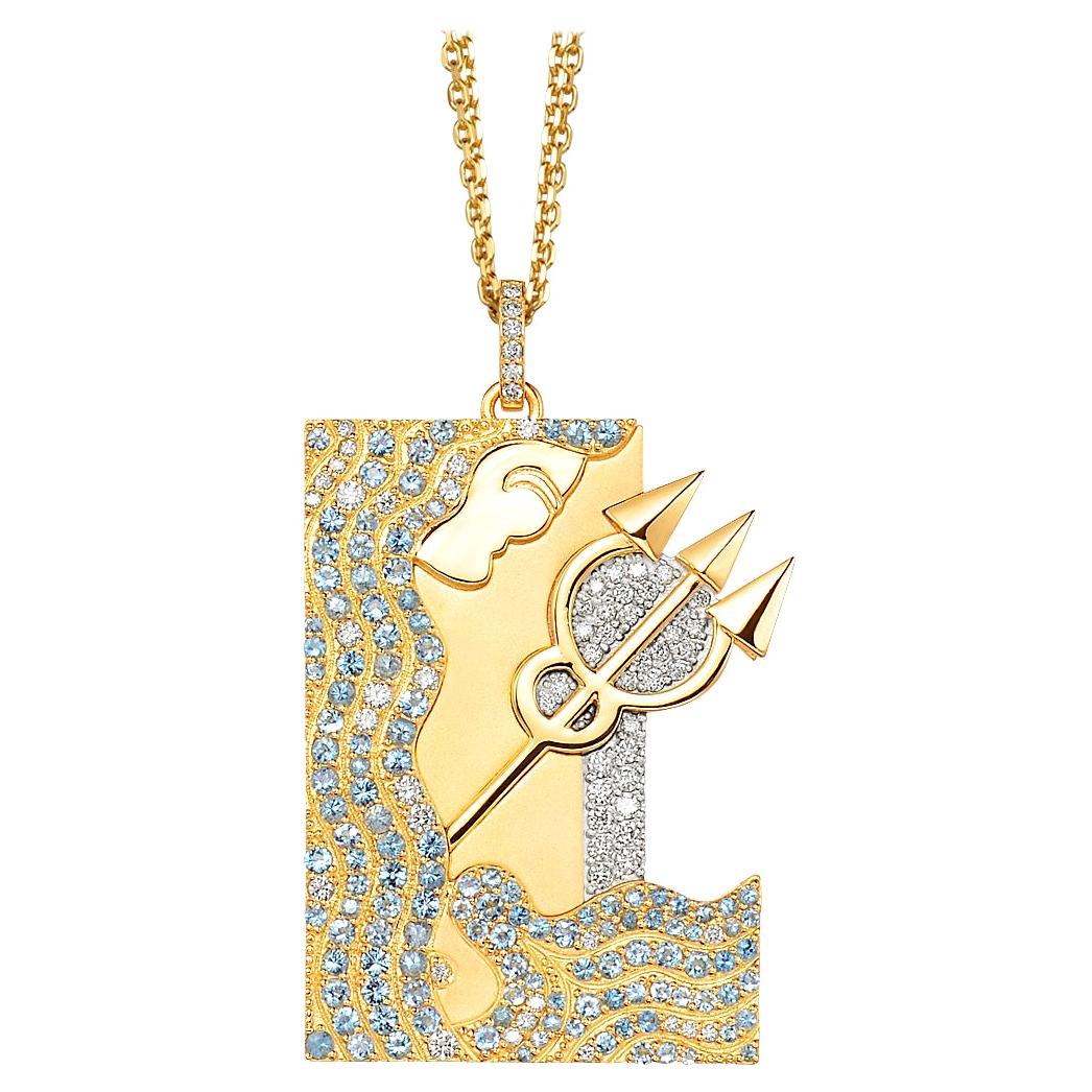 Aquarious Zodiac Pendant 18k Gold 0.59 Ct Diamonds 0.72 Ct Aquamarine For Sale
