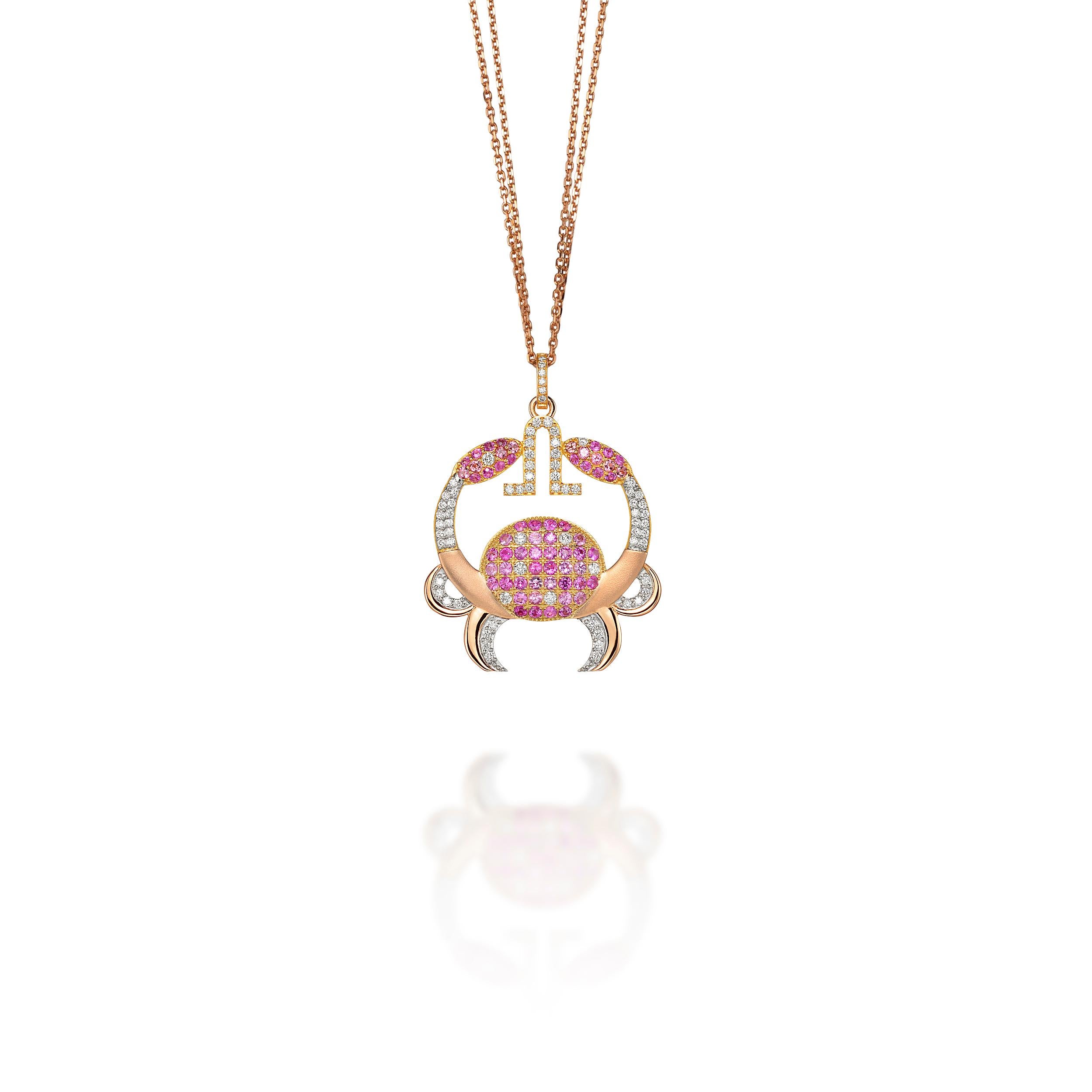 Contemporary Cancer Zodiac Pendant 18k Gold 0.69 Ct Diamonds 1.17 Ct Pink Sapphir For Sale