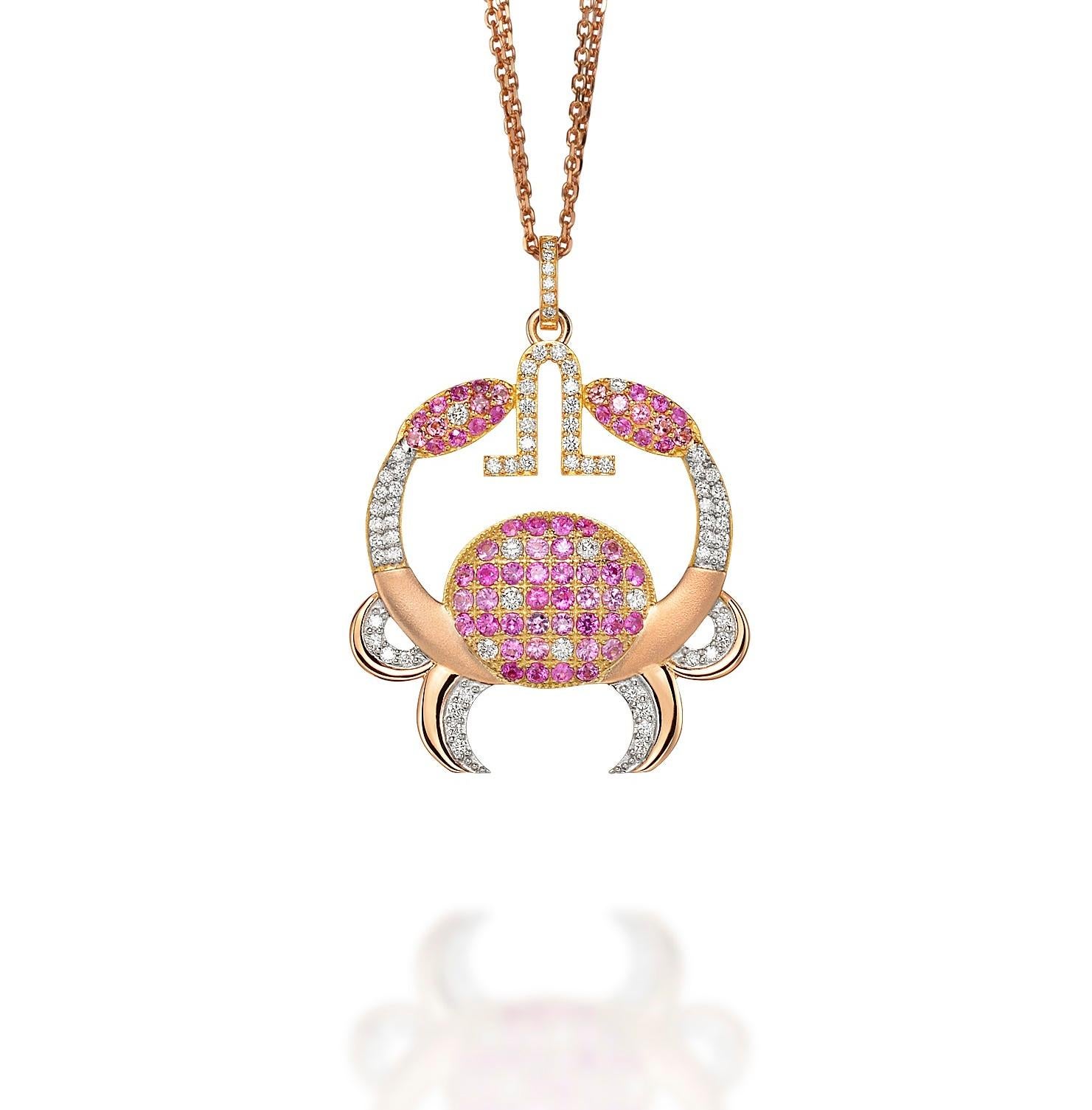 Brilliant Cut Cancer Zodiac Pendant 18k Gold 0.69 Ct Diamonds 1.17 Ct Pink Sapphir For Sale