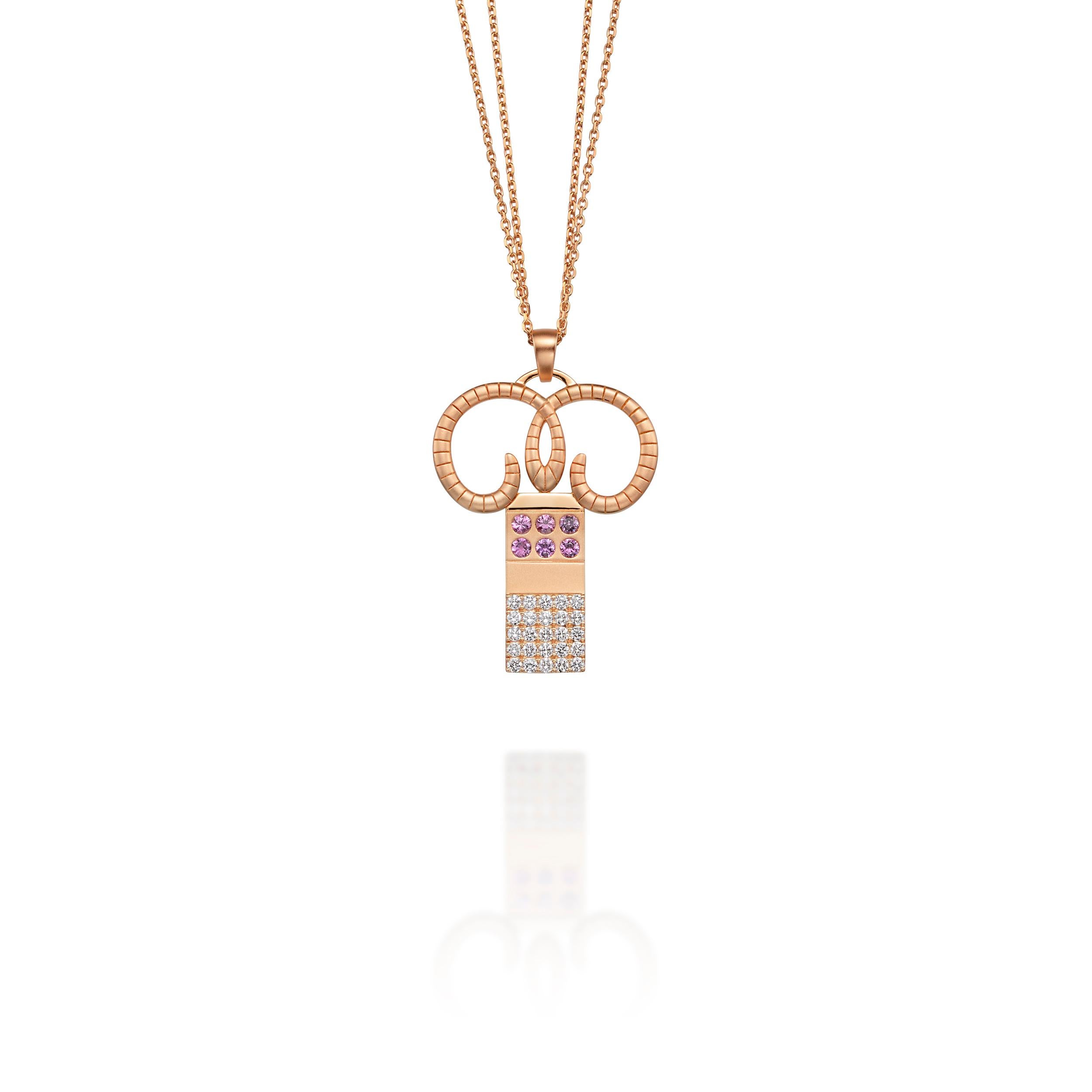 Contemporary Aries Zodiac Pendant 18k Gold 0.75 Ct Diamonds 0.48 Ct Pink Sapphir For Sale