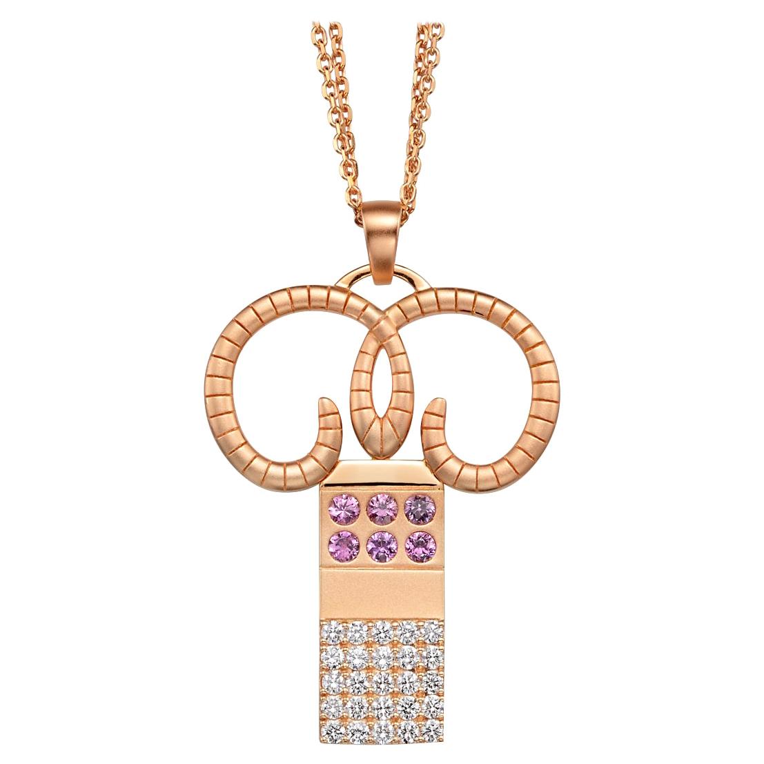 Aries Zodiac Pendant 18k Gold 0.75 Ct Diamonds 0.48 Ct Pink Sapphir For Sale