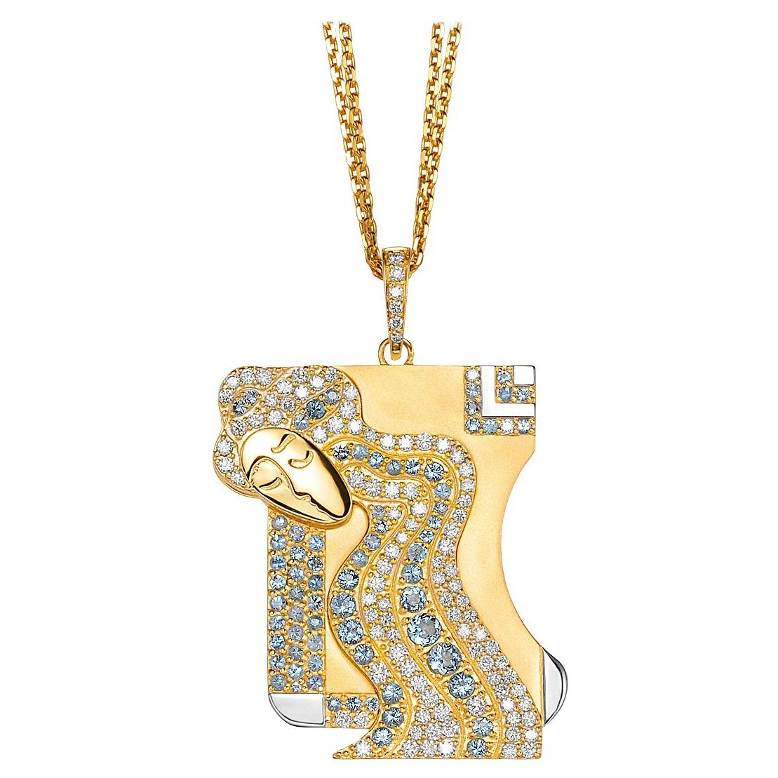 Virgo Zodiac Pendant 18k Gold 0.82 Ct Diamonds 1.10 Ct Aquamarine For Sale
