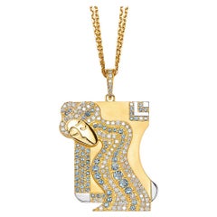 Used Virgo Zodiac Pendant 18k Gold 0.82 Ct Diamonds 1.10 Ct Aquamarine