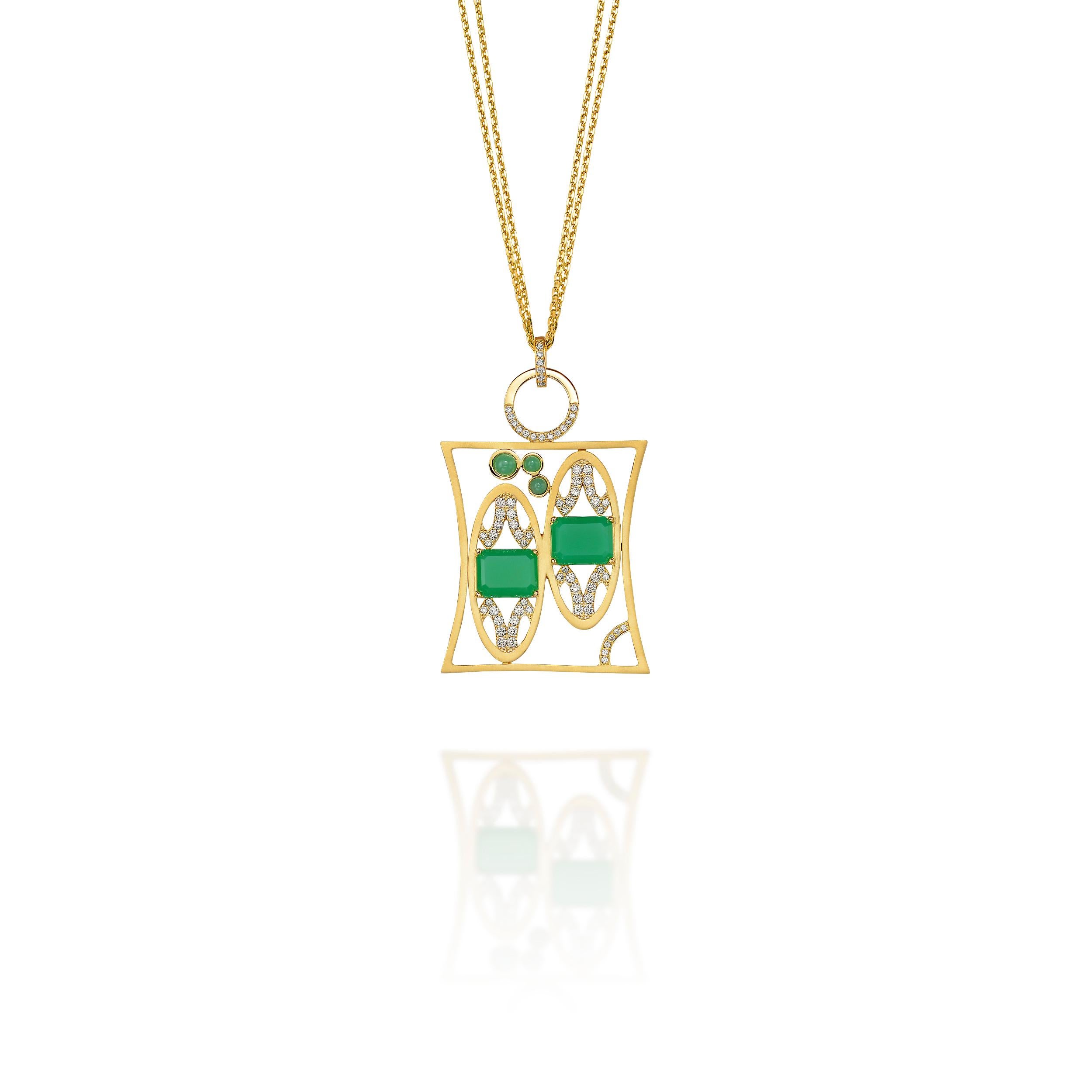 Gemini Pendant - endlessly charming, in free spirit and youthful exuberance with a constant appetite to expand the mental hori-zon. Chrysoprase stones exhilarate your optimism.

Jazychic Zodiac Pendant 18k Gold with 1.0 ct Diamonds and