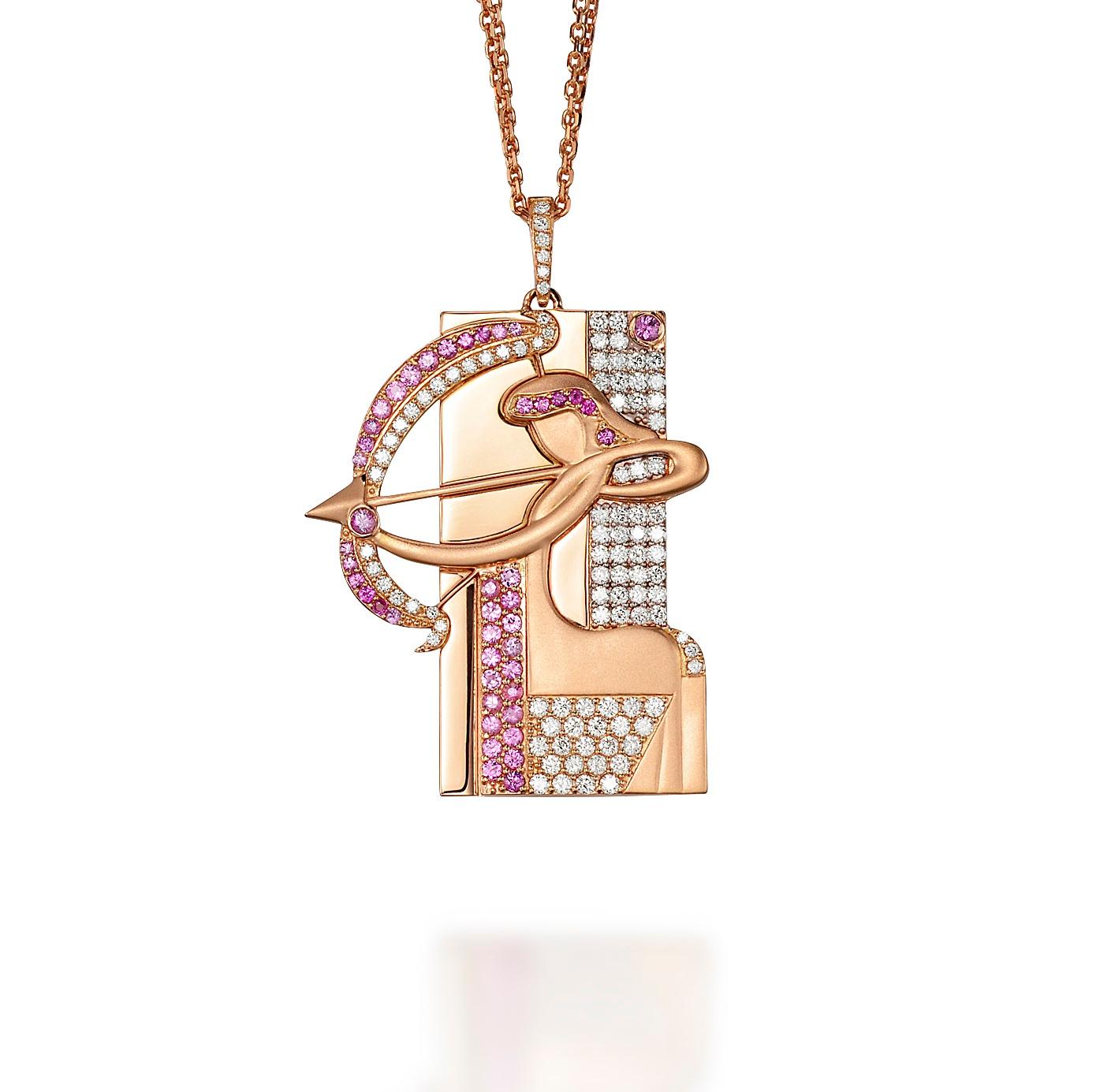Contemporary Sagittarius Zodiac Pendant 18k Gold 1.14 Ct Diamonds 0.81 Ct Pink Sapphire For Sale