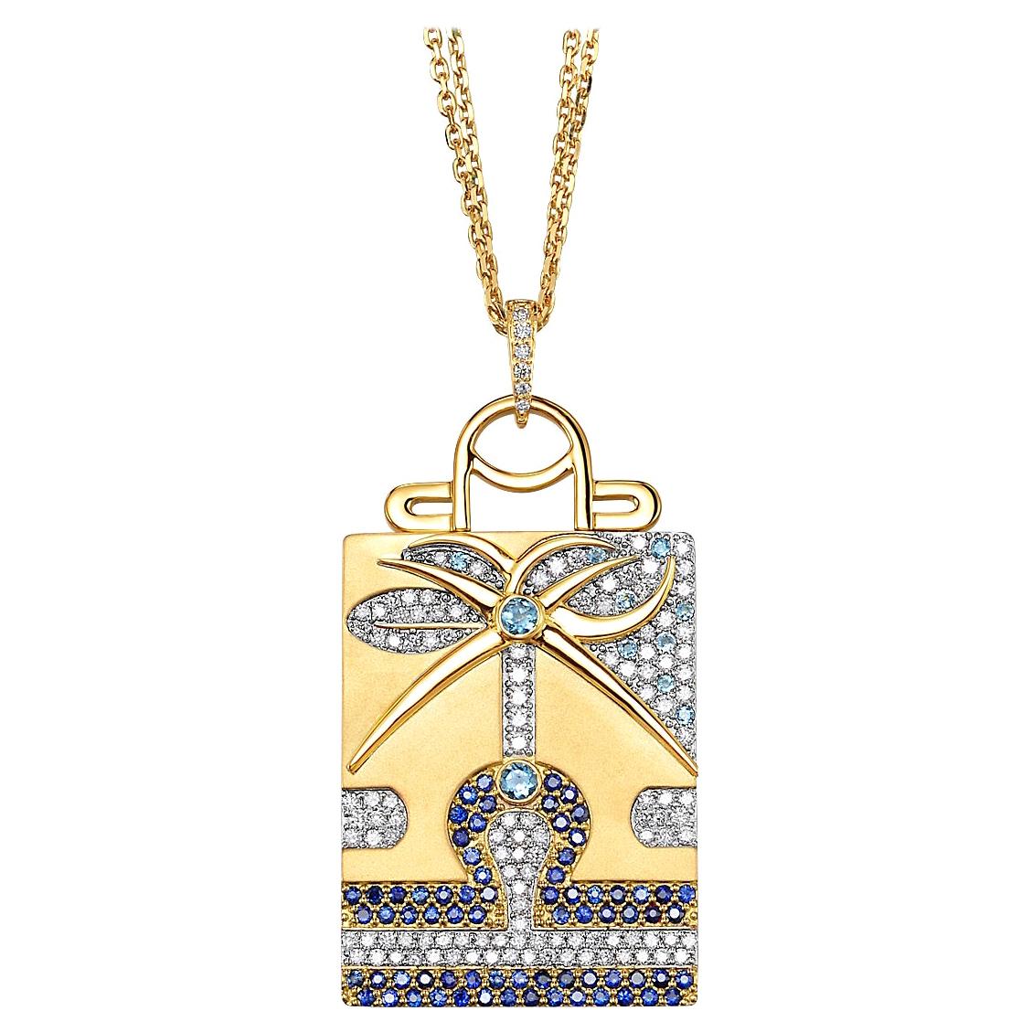 Libra Zodiac Pendant 18k Gold with Diamonds, Blue Sapphir & Aquamarine For Sale