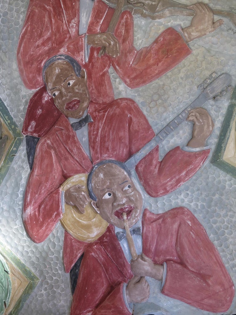 Art Deco Jazz-Age Plaster Mural of a Band of Musicians, France, circa 1930s For Sale