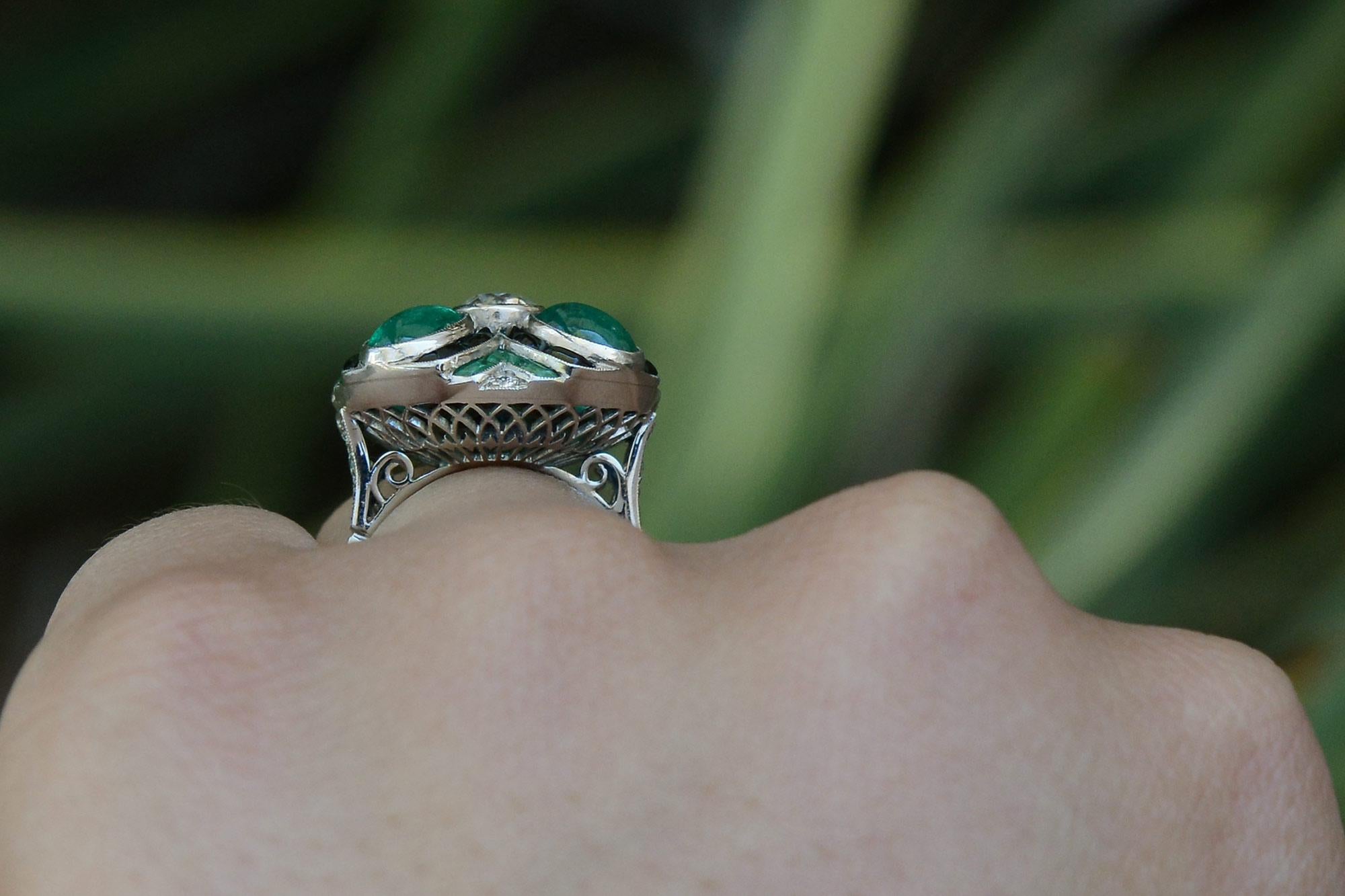 Old European Cut Jazz Age Quatrefoil Emerald Diamond Cocktail Ring For Sale