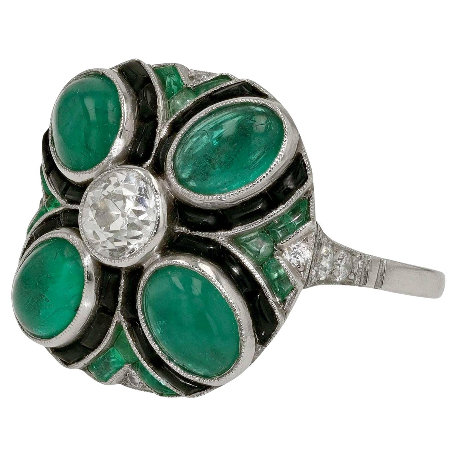 Jazz Age Quatrefoil Emerald Diamond Cocktail Ring For Sale