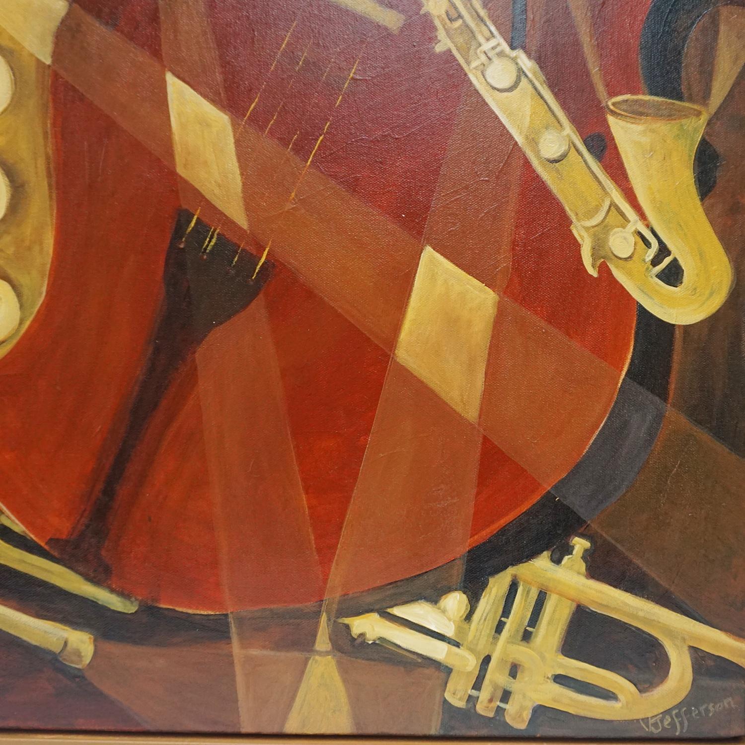 'Jazz' a Contemporary oil on canvas painting by Vera Jefferson depicting trumpets, saxophones and a double base amongst a stylised abstract background. Signed V Jefferson to lower right. 

Dimensions: H 103cm, W 83cm, D 5.5cm.

 Vera Jefferson