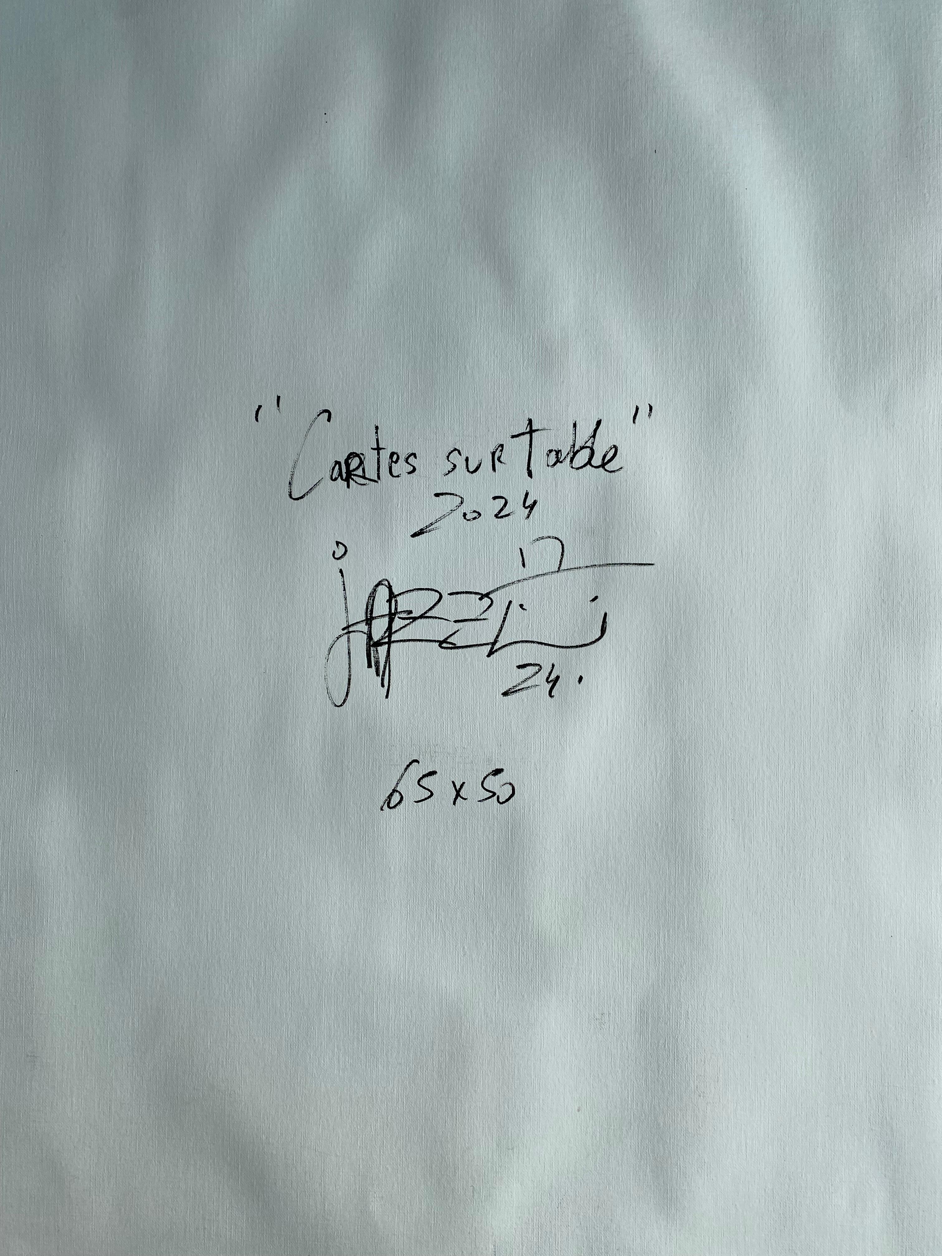 Jazzu
Cartes sur table 
Techniques mixtes sur papier fort
2024
65 x 50 cms
Signé et daté au recto
Titré , signé et daté au verso 
690 euros 