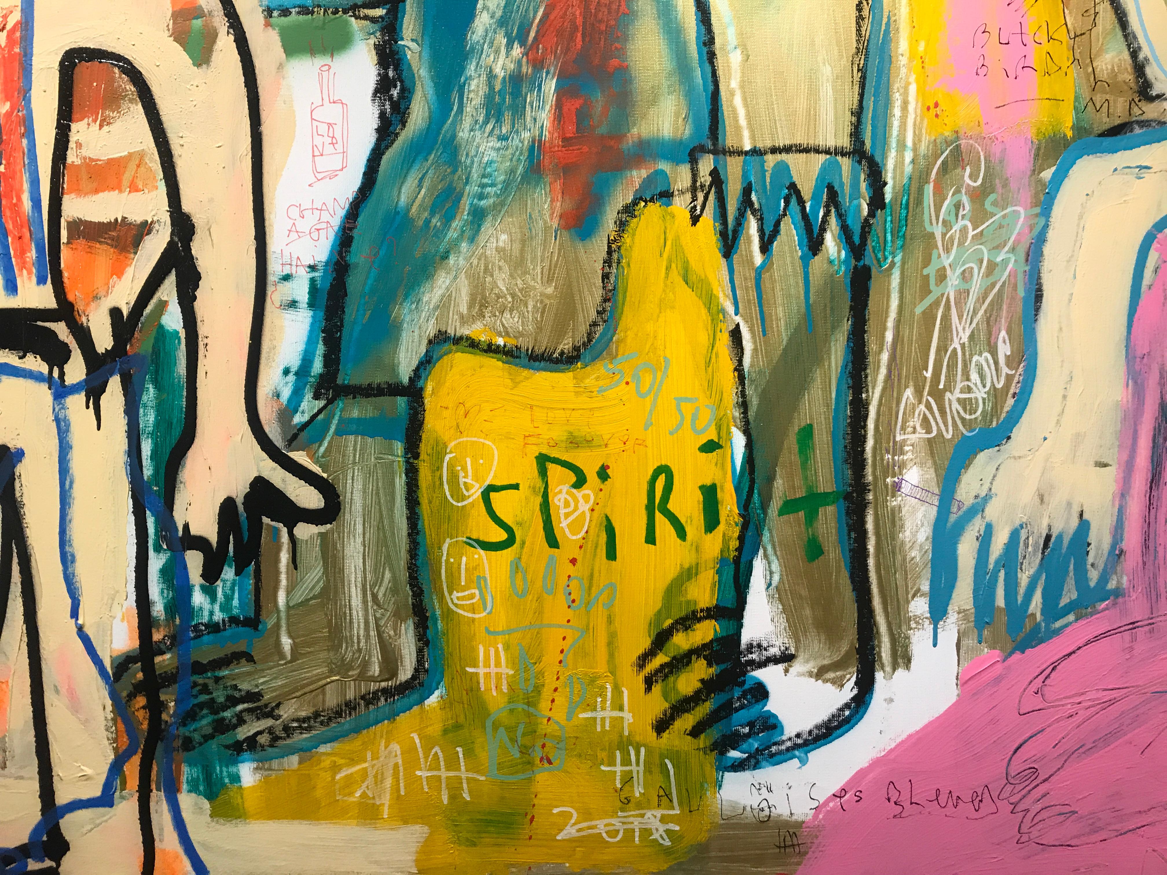 'Spirit' is a large contemporary figurative Art Brut mixed media on canvas painting created by French artist Jazzu in 2018. Featuring a vibrant palette made of pink, yellow, blue, cream and red among other colors, the painting strikes with its