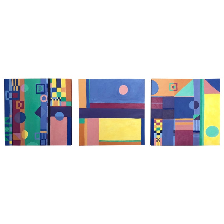 Jazzy Trio of Small Square Abstract Paintings For Sale at 1stDibs