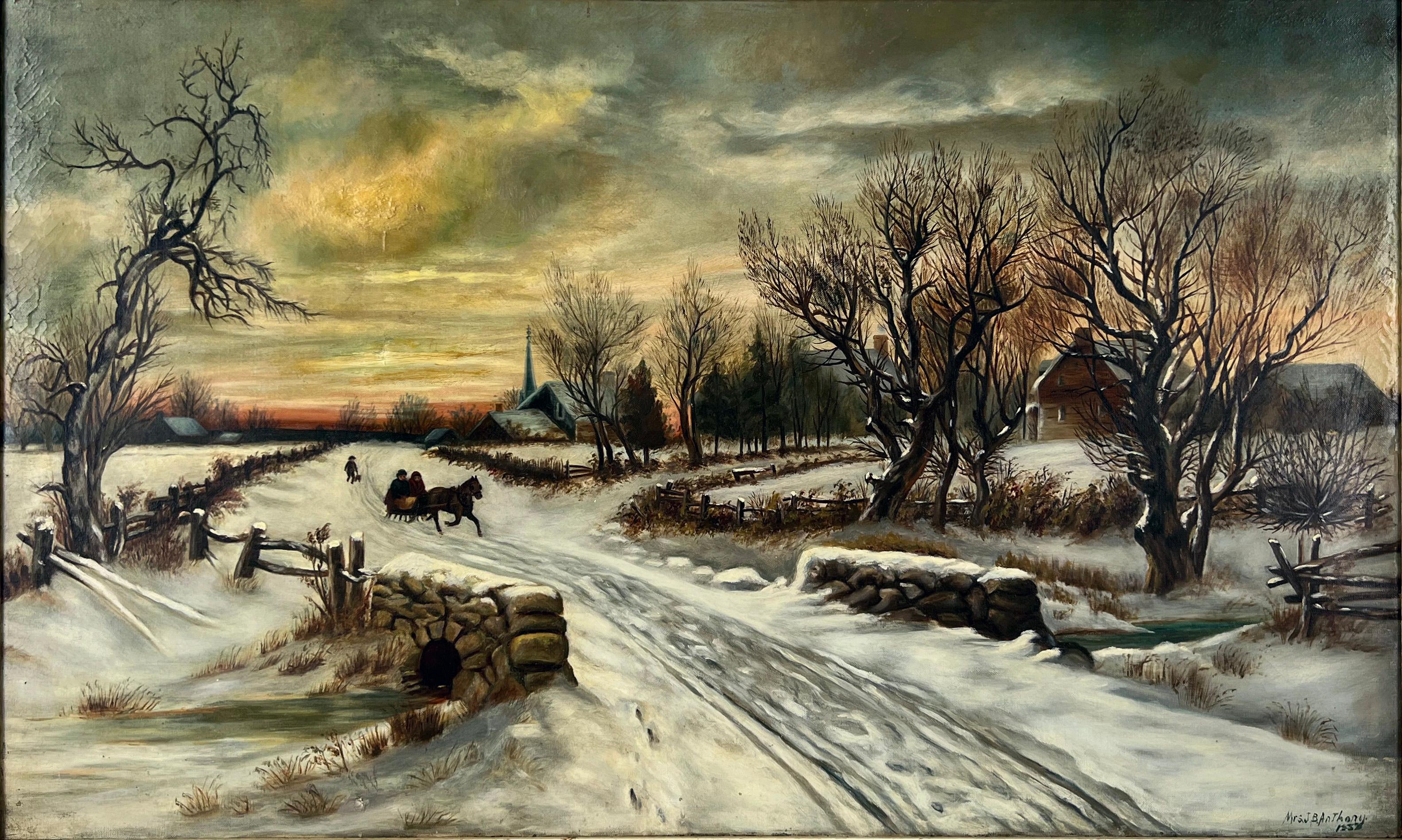 „Christmas Morn“ Schlitten im Schnee nach W.C Bauer, London Öl auf Leinen 1937 – Painting von J.B Anthony