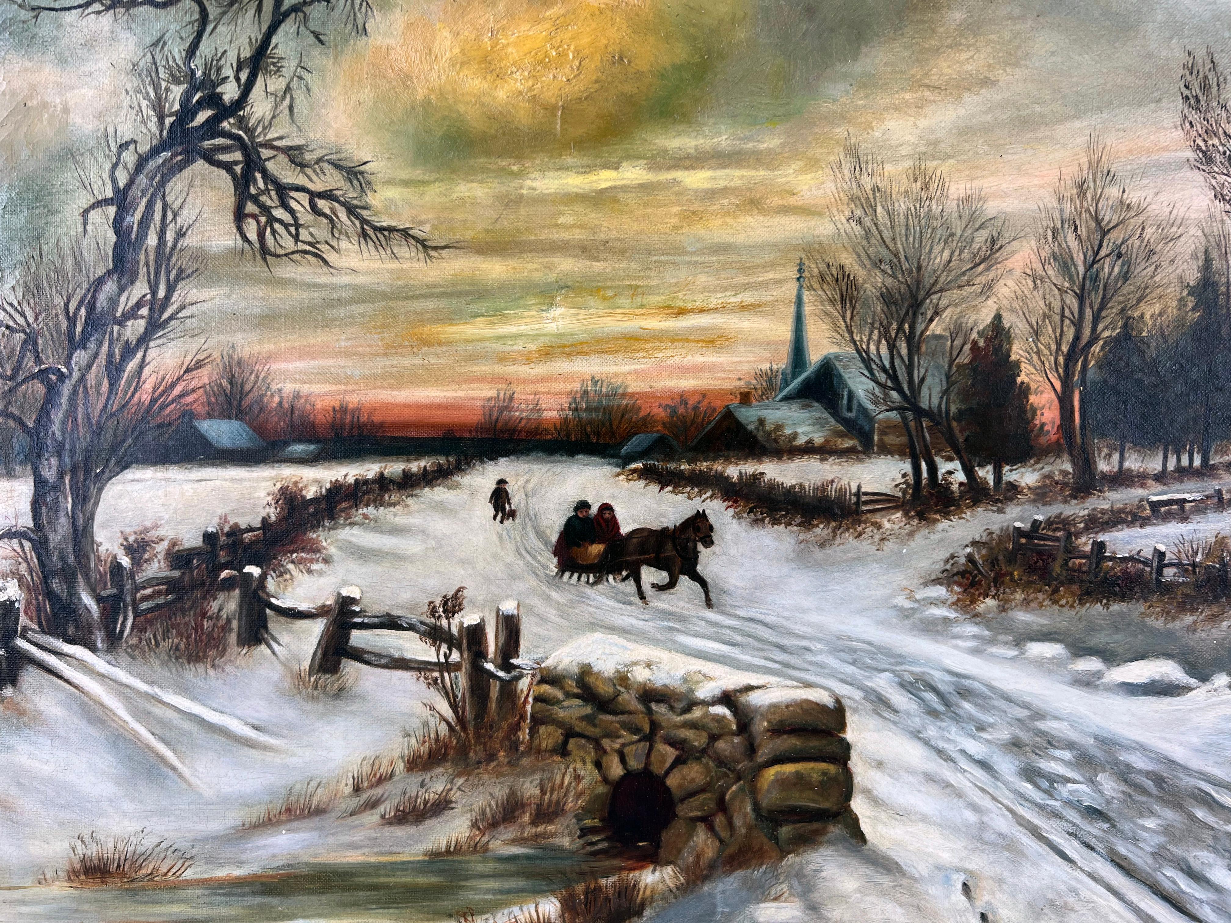 „Christmas Morn“ Schlitten im Schnee nach W.C Bauer, London Öl auf Leinen 1937 (Amerikanischer Impressionismus), Painting, von J.B Anthony