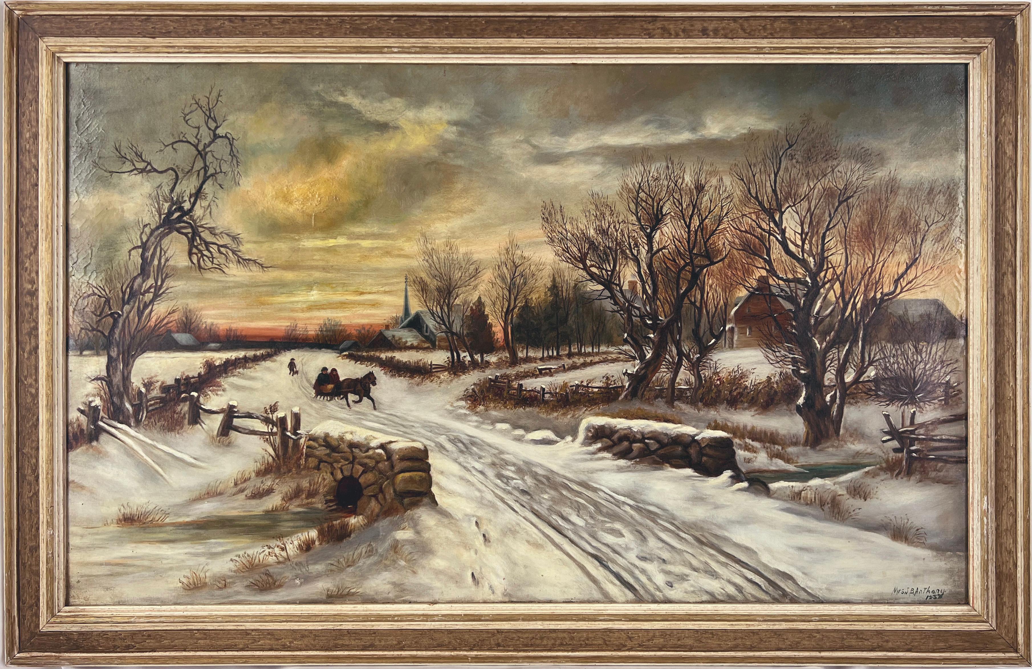 J.B Anthony Figurative Painting – „Christmas Morn“ Schlitten im Schnee nach W.C Bauer, London Öl auf Leinen 1937
