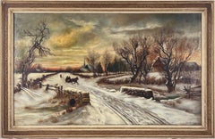 Vintage "Christmas Morn" Sleigh in the Snow after W.C Bauer, London Oil on Linen 1937