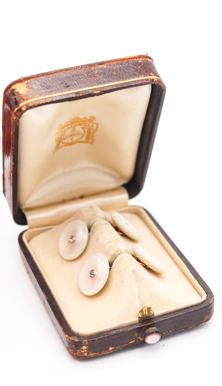 Boutons De Manchette Art Déco Or 18 Carats, Nacre Et Perles - Occasion, Boîtier Velours (très Bon état)