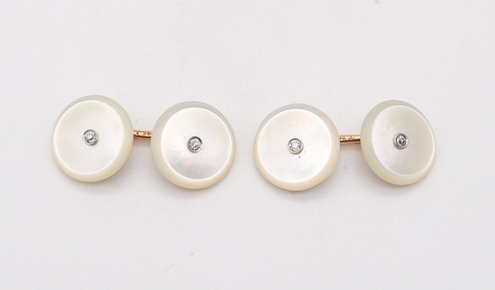 Old European Cut J.B. CALDWELL 1925 Art Deco Nacre Cufflinks In 14Kt Gold With Diamonds In Box For Sale