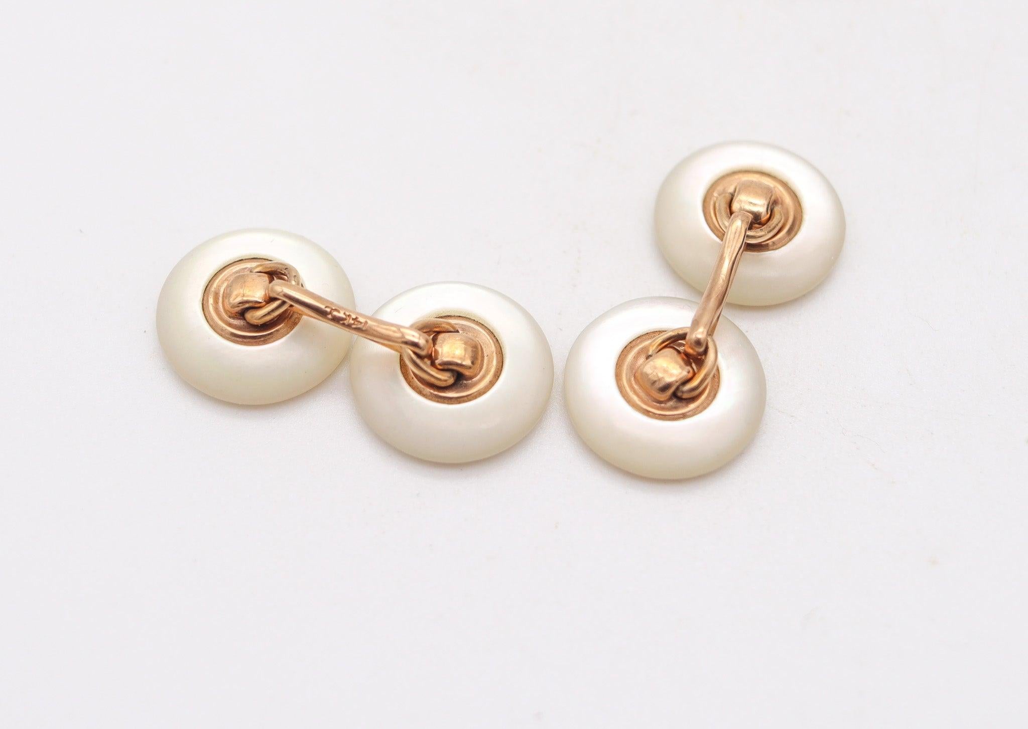 J.B. CALDWELL 1925 Art Deco Nacre Cufflinks In 14Kt Gold With Diamonds In Box In Excellent Condition For Sale In Miami, FL